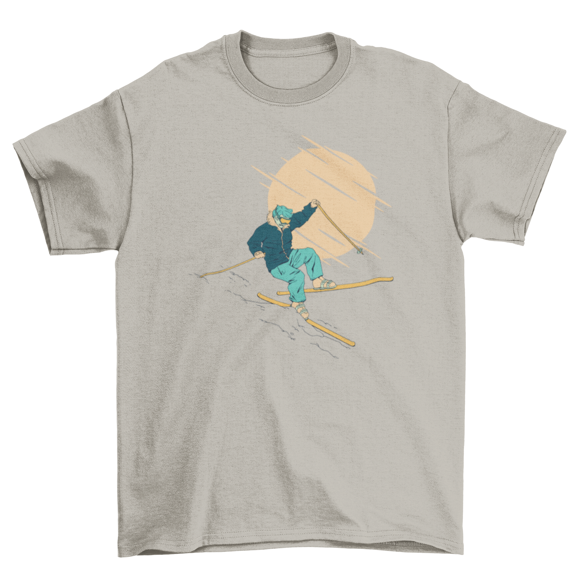 A stylish t-shirt featuring a graphic of a skier falling down while skiing, perfect for skiing enthusiasts.