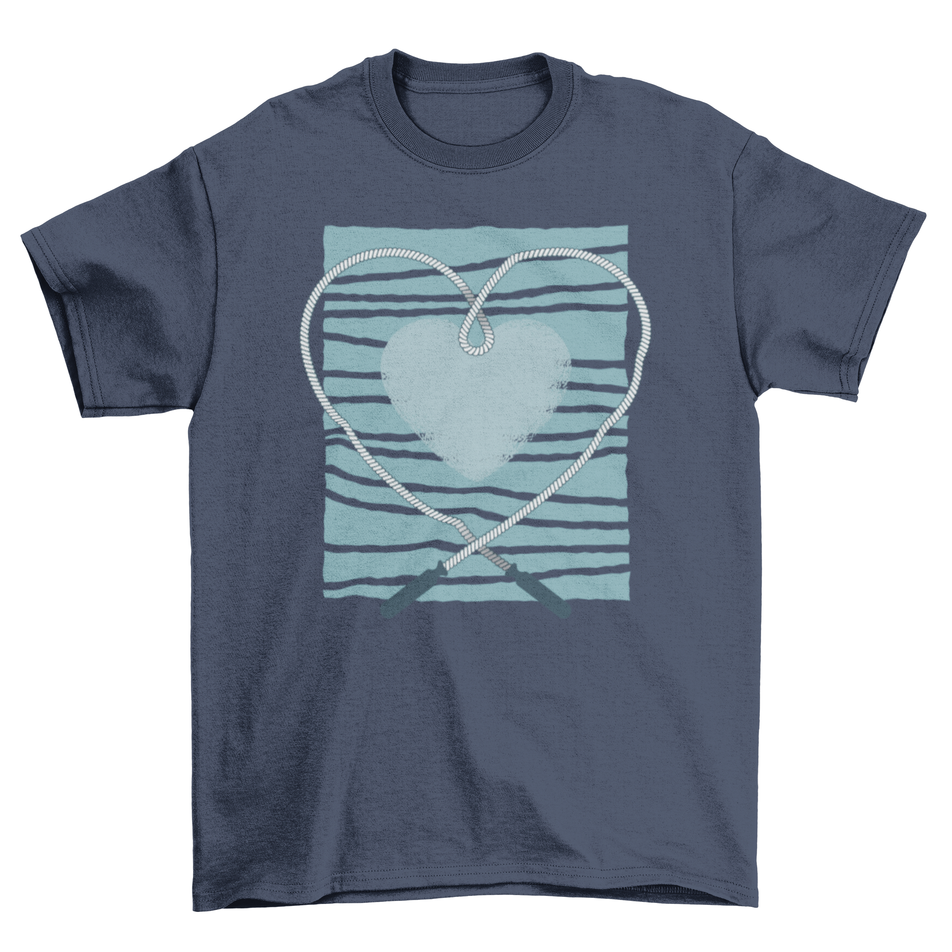 A stylish Skipping Rope Love T-shirt featuring a heart-shaped skipping rope design over a heart silhouette with a blue line background.