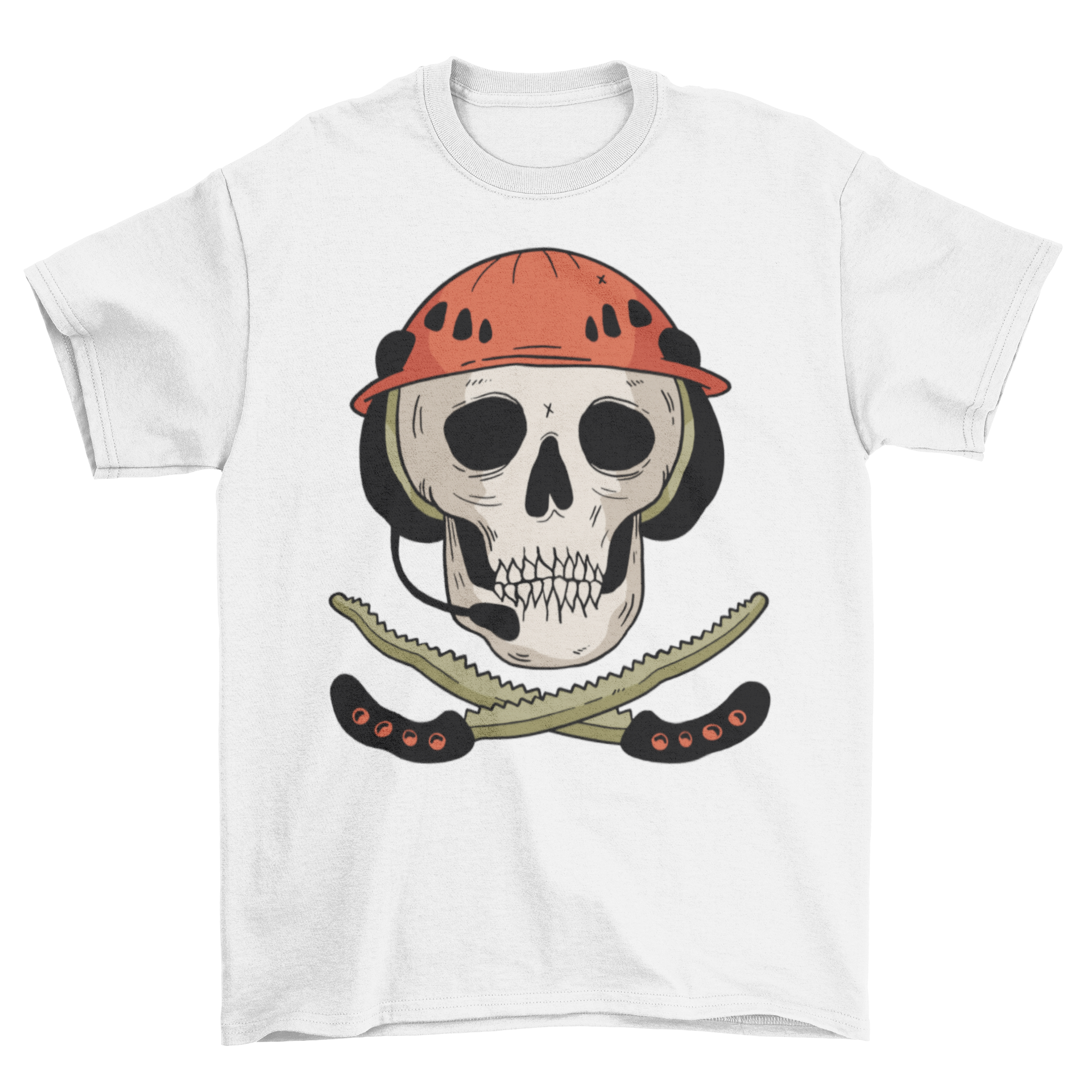 Skull and Saws T-shirt featuring a Jolly Roger skull with a helmet and crossed hand saws, showcasing a unique and edgy design.