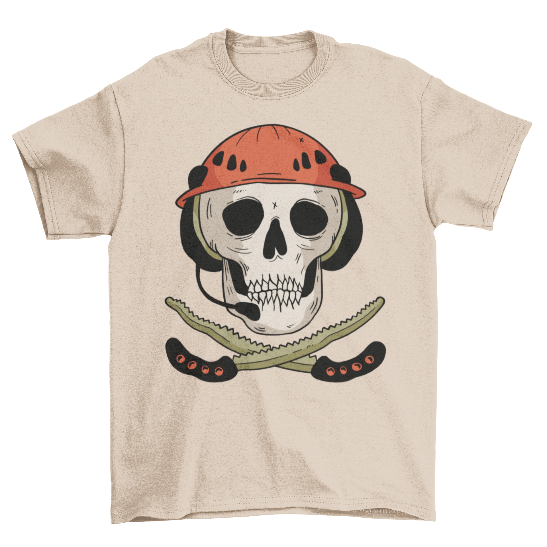 Skull and Saws T-shirt featuring a Jolly Roger skull with a helmet and crossed hand saws, showcasing a unique and edgy design.