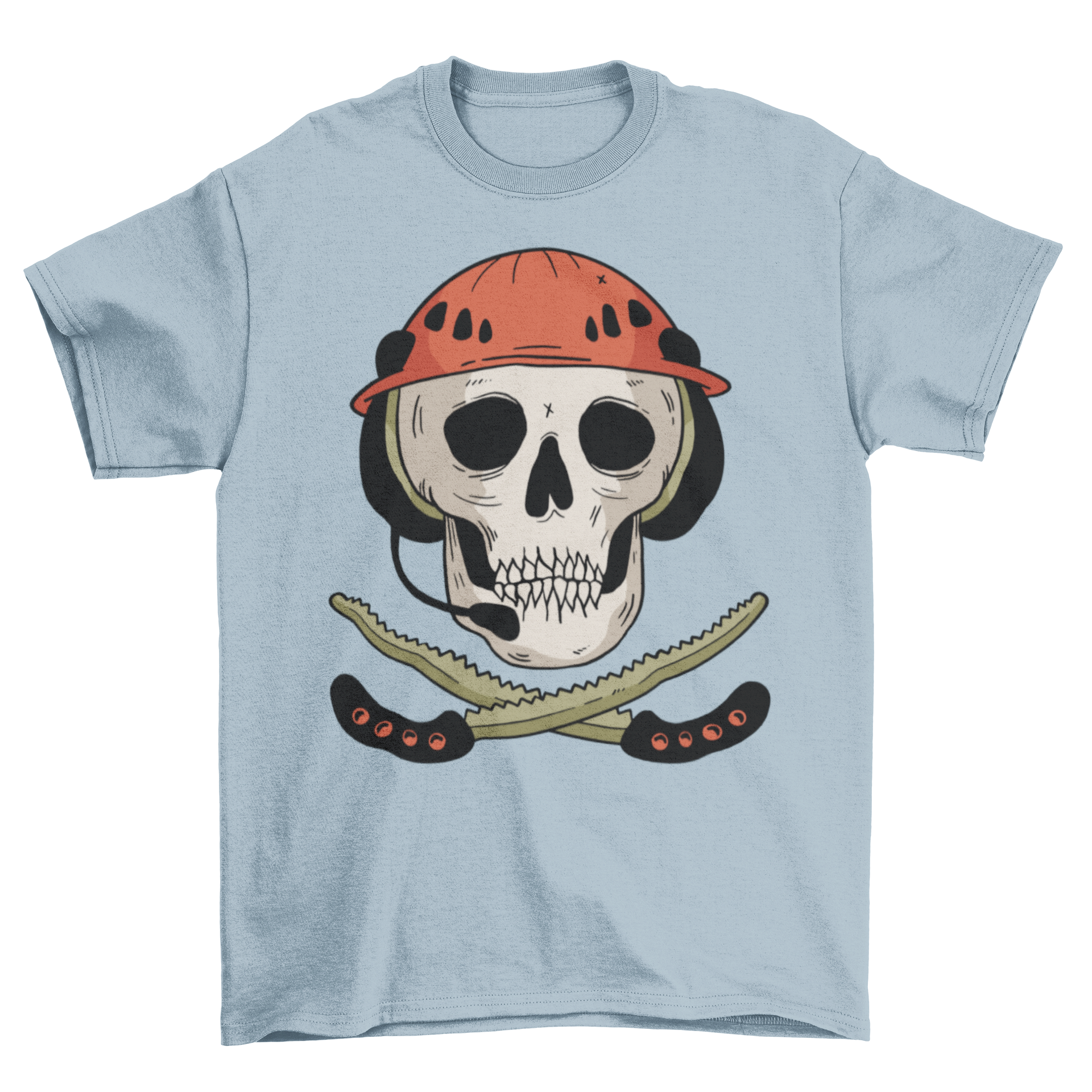 Skull and Saws T-shirt featuring a Jolly Roger skull with a helmet and crossed hand saws, showcasing a unique and edgy design.