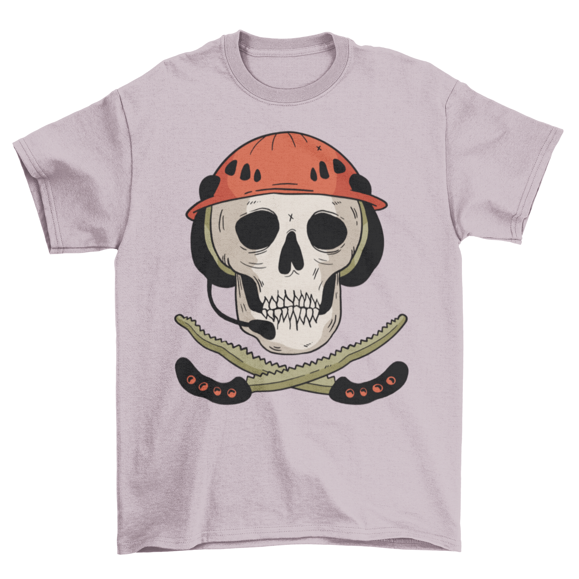 Skull and Saws T-shirt featuring a Jolly Roger skull with a helmet and crossed hand saws, showcasing a unique and edgy design.