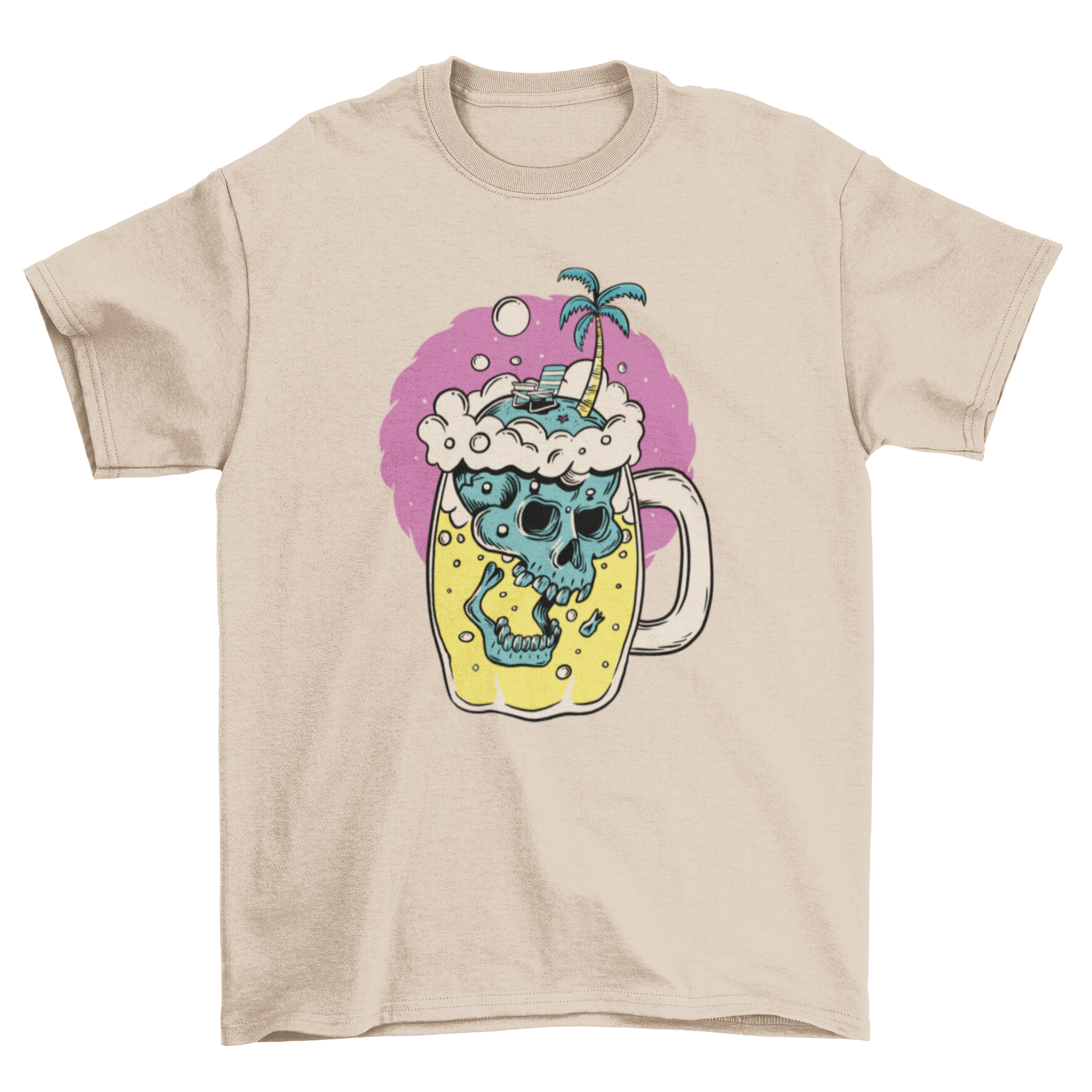 Skull Beer Summer Palm Tree T-Shirt featuring a skull design with a beer drink and palm trees, perfect for summer wear.