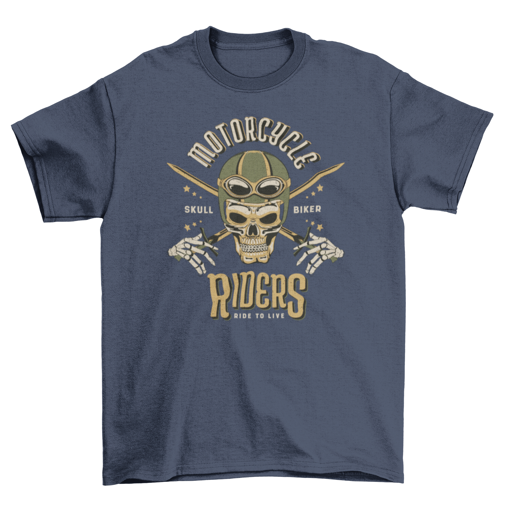 Skull biker t-shirt featuring a skull in a helmet with the quote 'Motorcycle riders'.