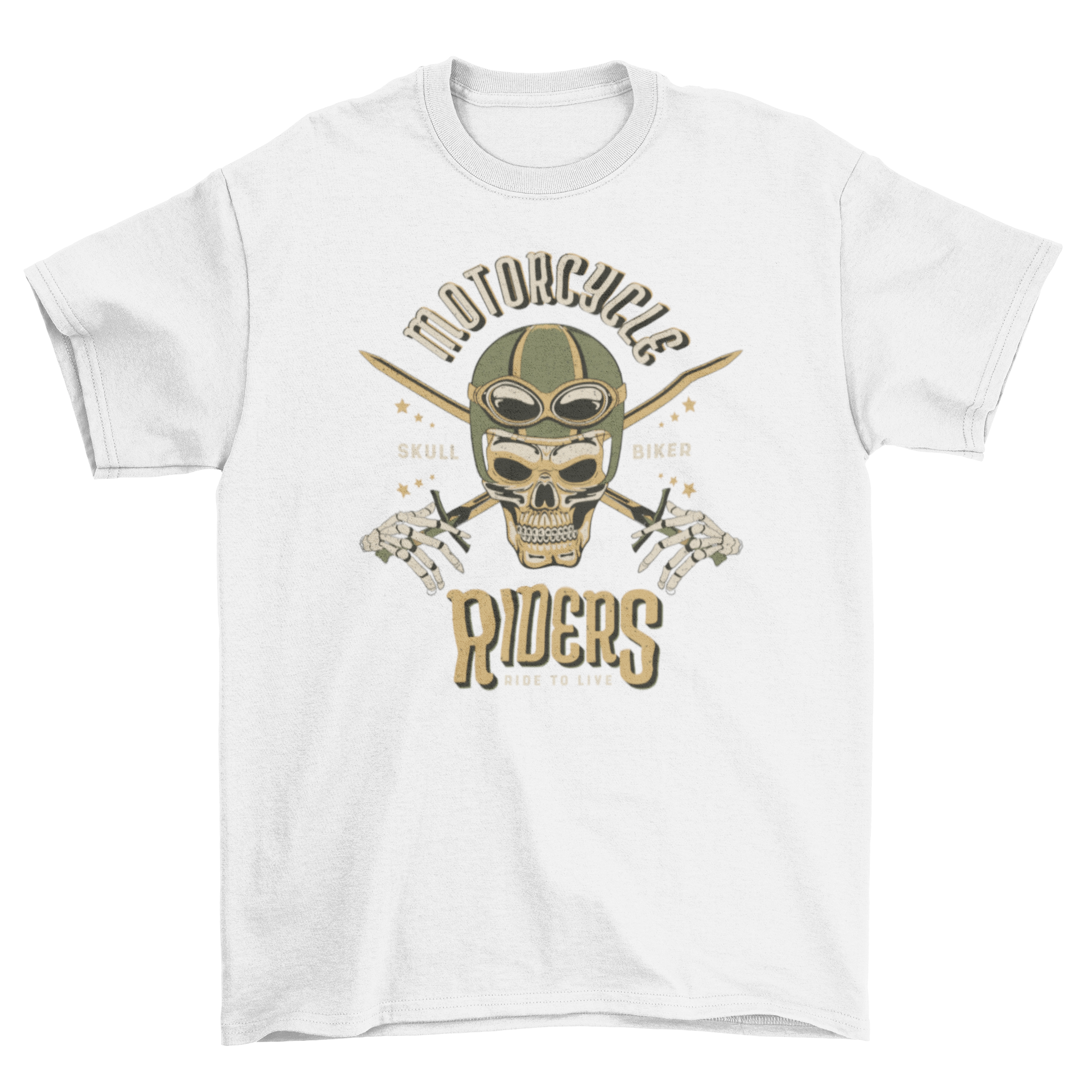 Skull biker t-shirt featuring a skull in a helmet with the quote 'Motorcycle riders'.