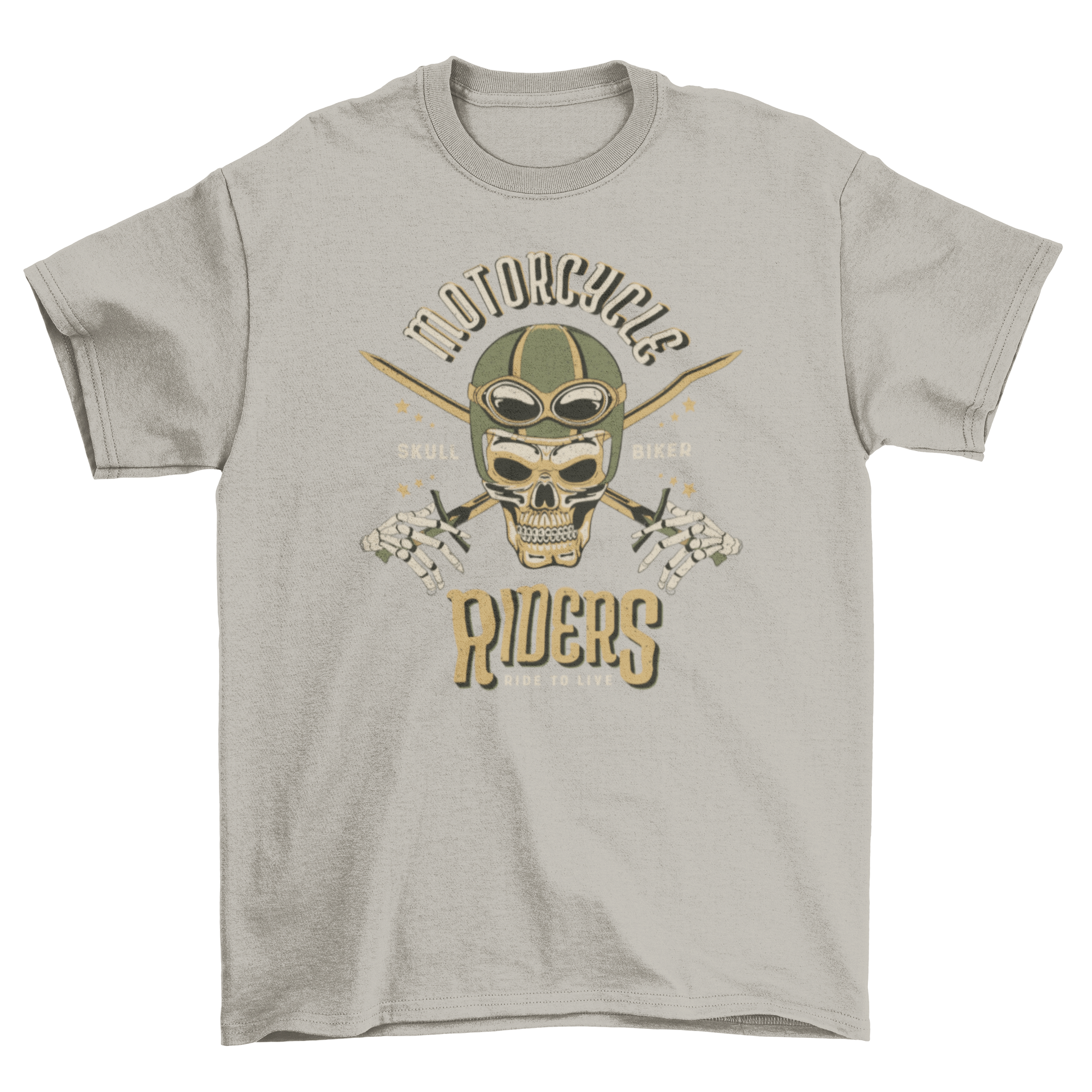 Skull biker t-shirt featuring a skull in a helmet with the quote 'Motorcycle riders'.