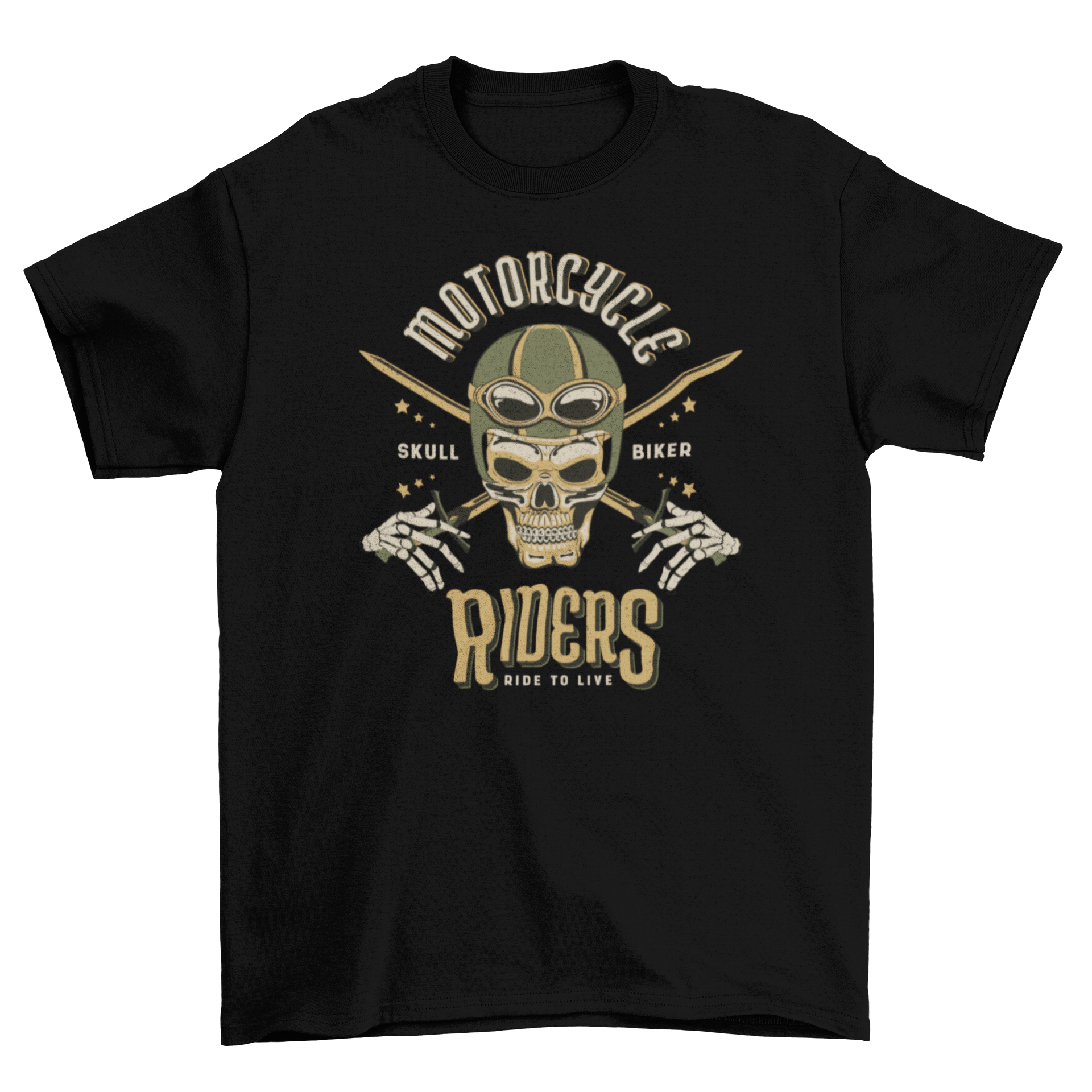 Skull biker t-shirt featuring a skull in a helmet with the quote 'Motorcycle riders'.