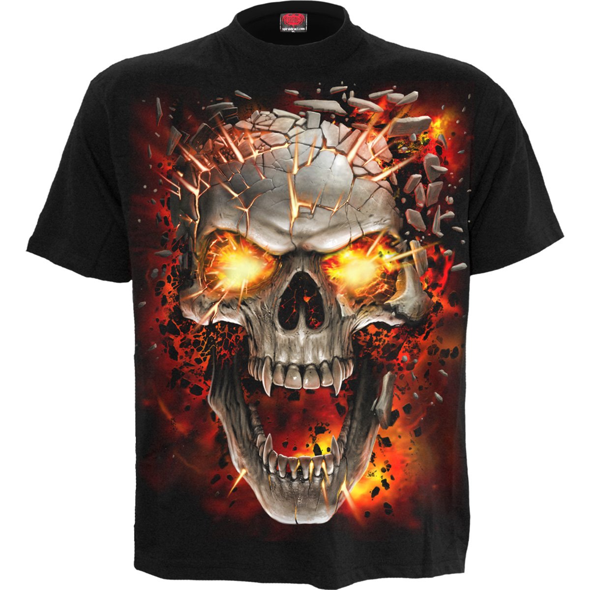 Black SKULL BLAST T-Shirt featuring a demonic skull design with flames and magma erupting from it, made of 100% cotton.