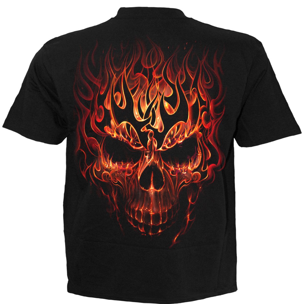 Black SKULL BLAST T-Shirt featuring a demonic skull design with flames and magma erupting from it, made of 100% cotton.