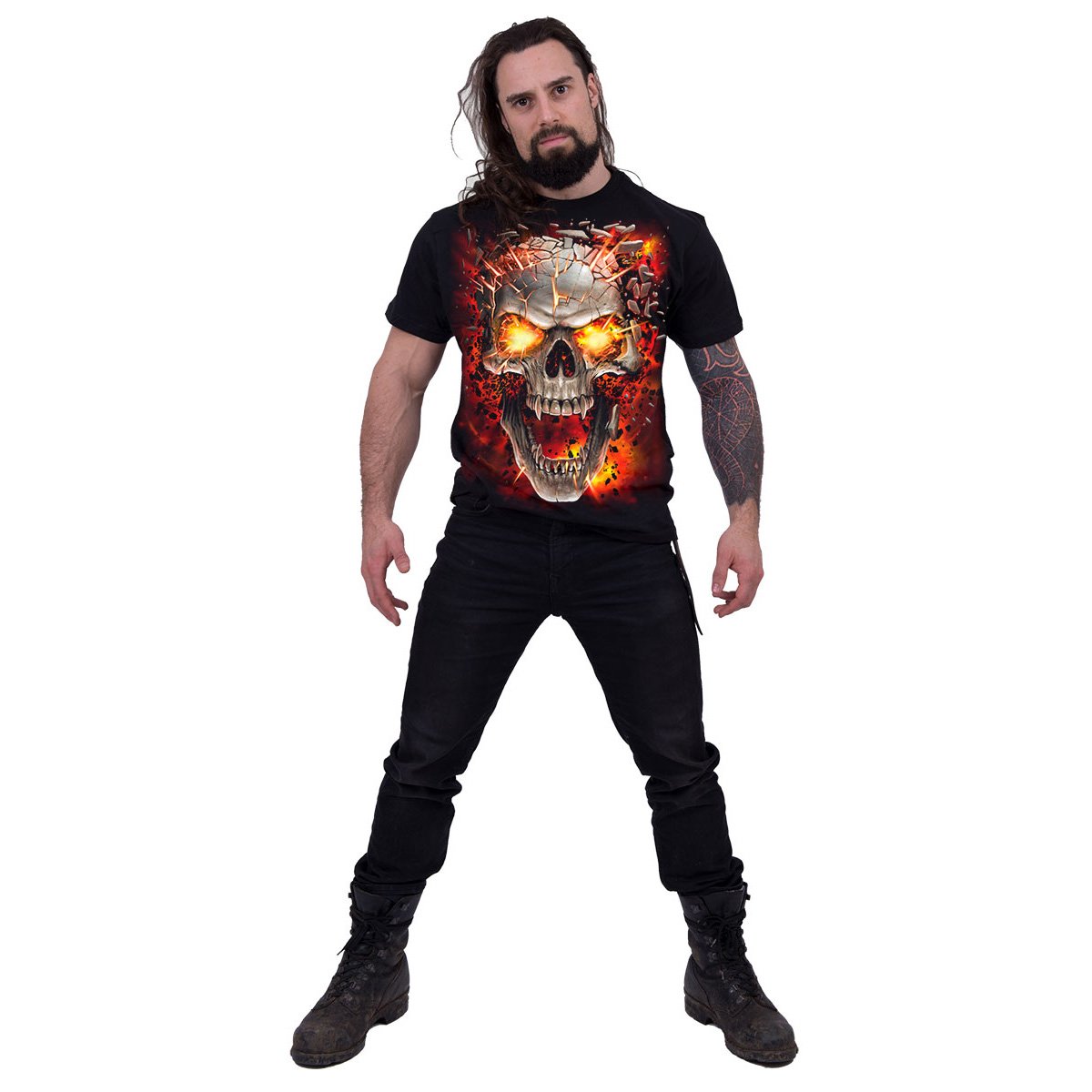 Black SKULL BLAST T-Shirt featuring a demonic skull design with flames and magma erupting from it, made of 100% cotton.