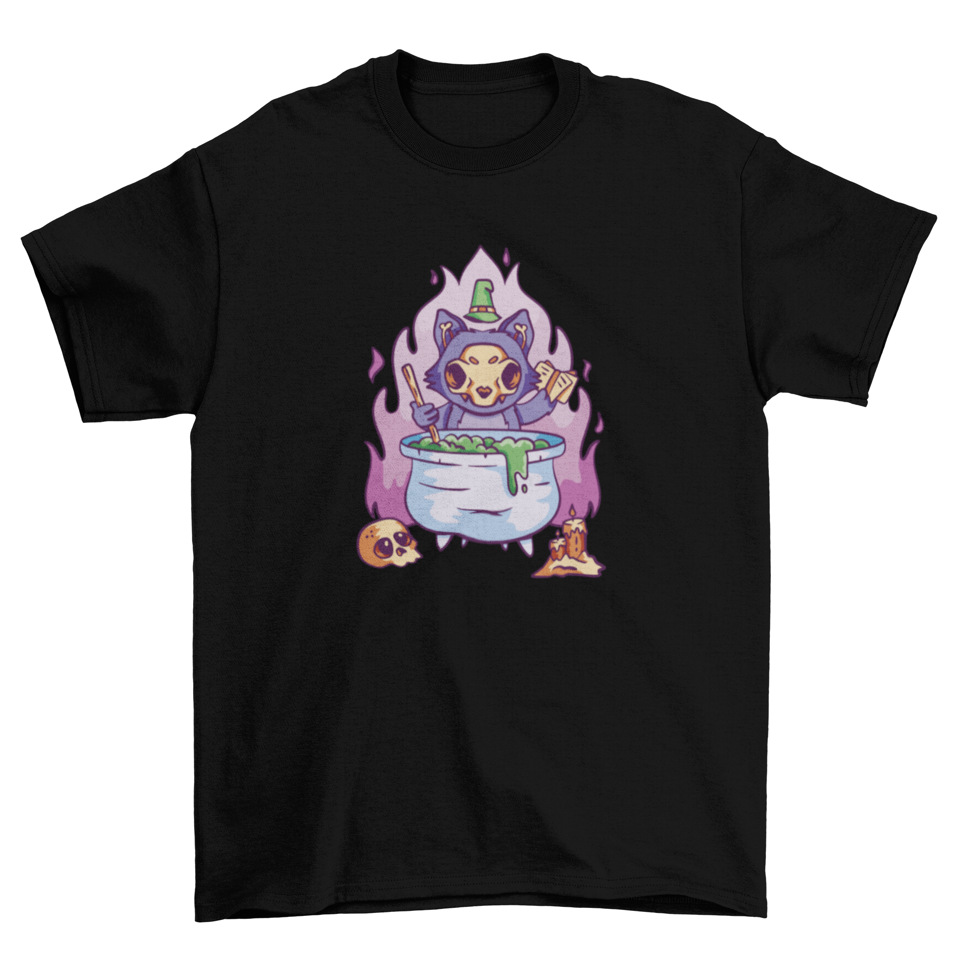 A goth skull cat witch brewing a potion on a t-shirt design, featuring intricate details and vibrant colors.