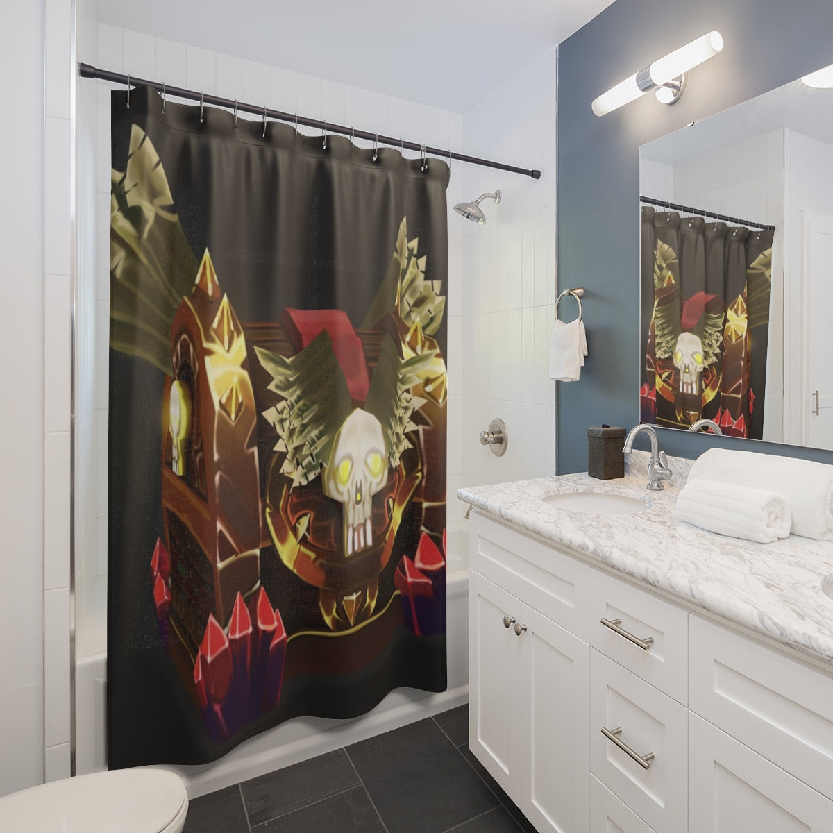 A vibrant Skull Chest Shower Curtain featuring a unique skull design, made from durable polyester, perfect for adding style to any bathroom.