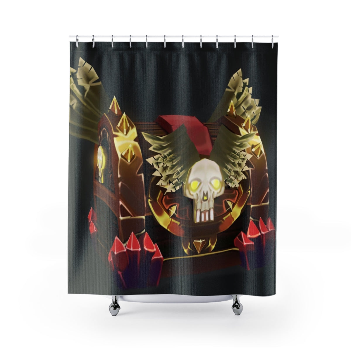 A vibrant Skull Chest Shower Curtain featuring a unique skull design, made from durable polyester, perfect for adding style to any bathroom.