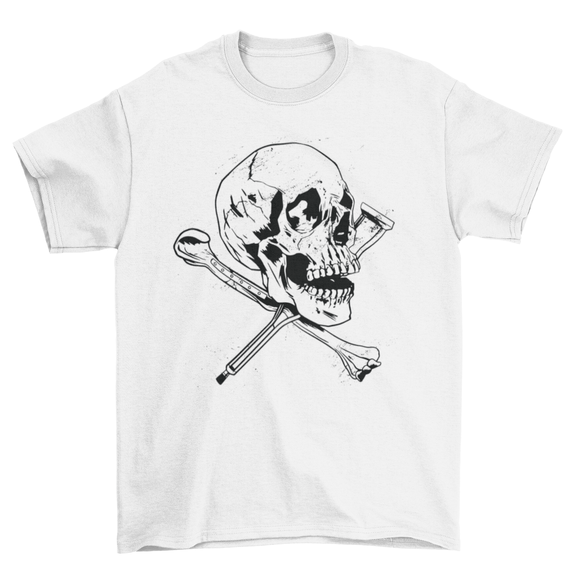 Skull Crutches T-shirt featuring a grunge skull design with a bone and crutch crossed underneath.