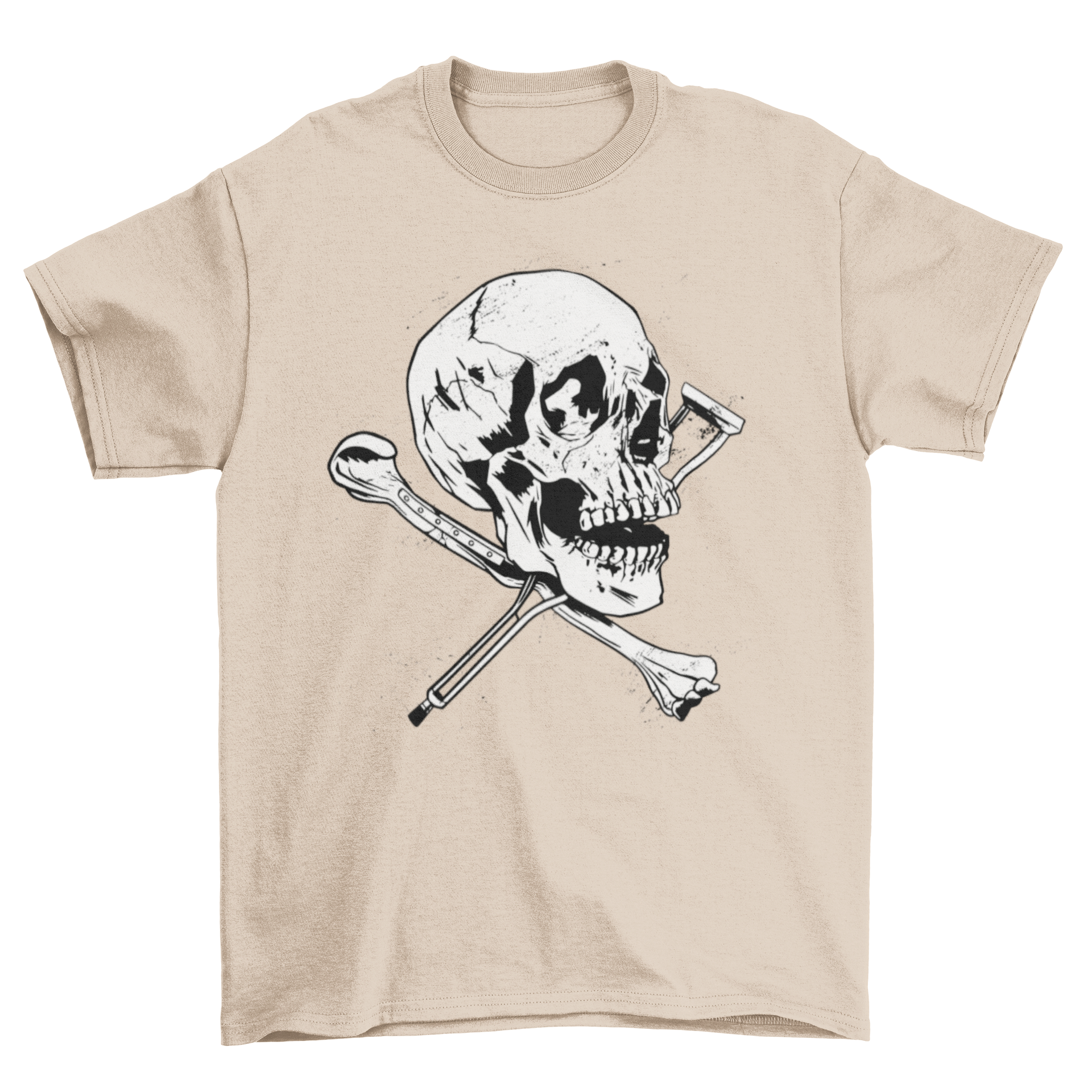 Skull Crutches T-shirt featuring a grunge skull design with a bone and crutch crossed underneath.