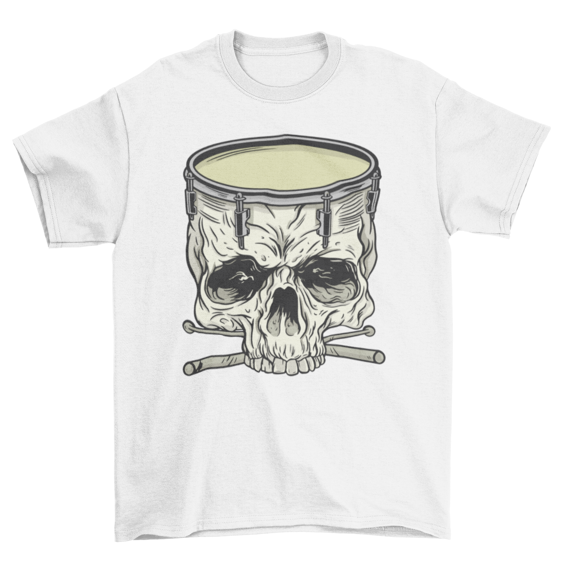 Skull Drum T-Shirt featuring a skull-shaped snare drum and drumsticks, perfect for music lovers.