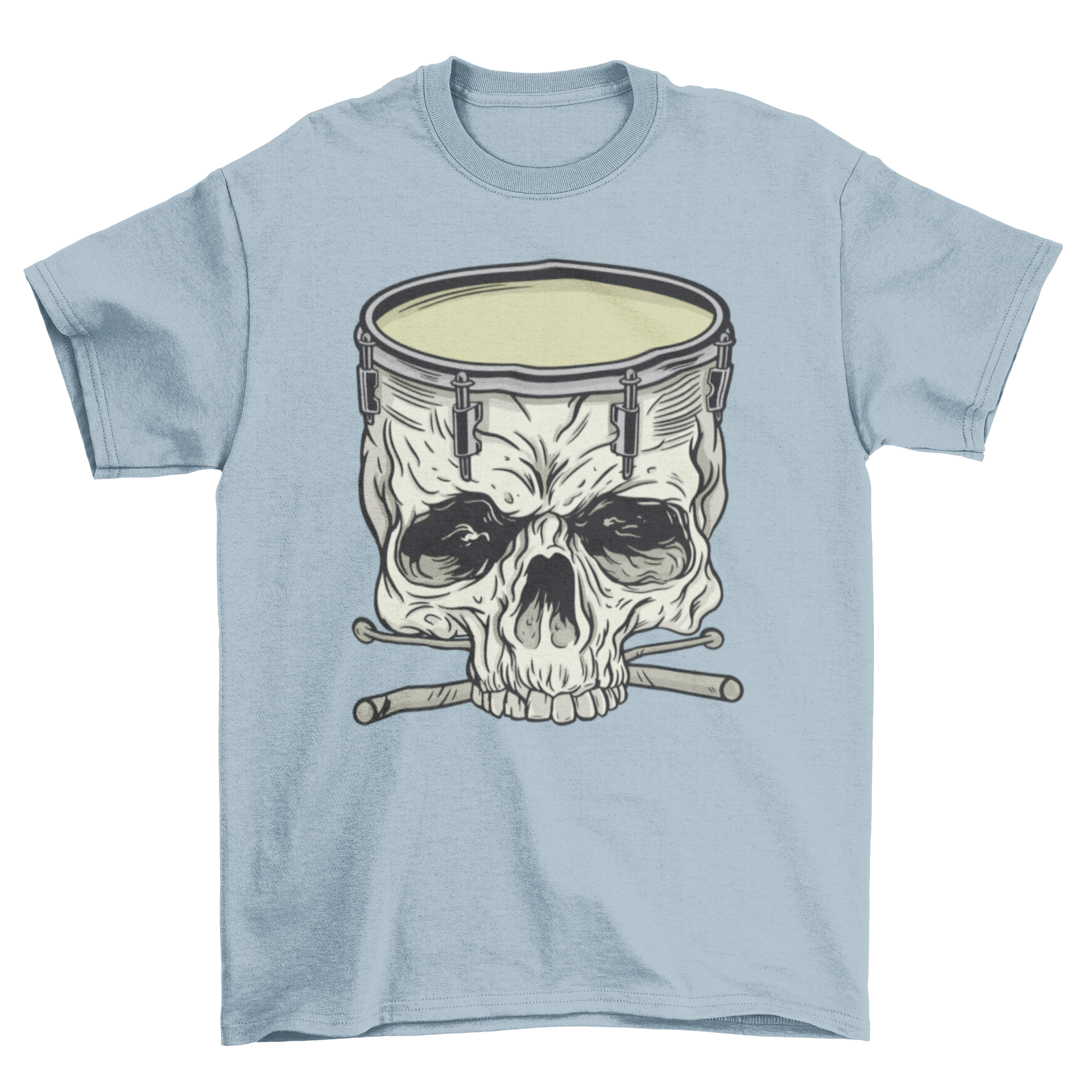 Skull Drum T-Shirt featuring a skull-shaped snare drum and drumsticks, perfect for music lovers.