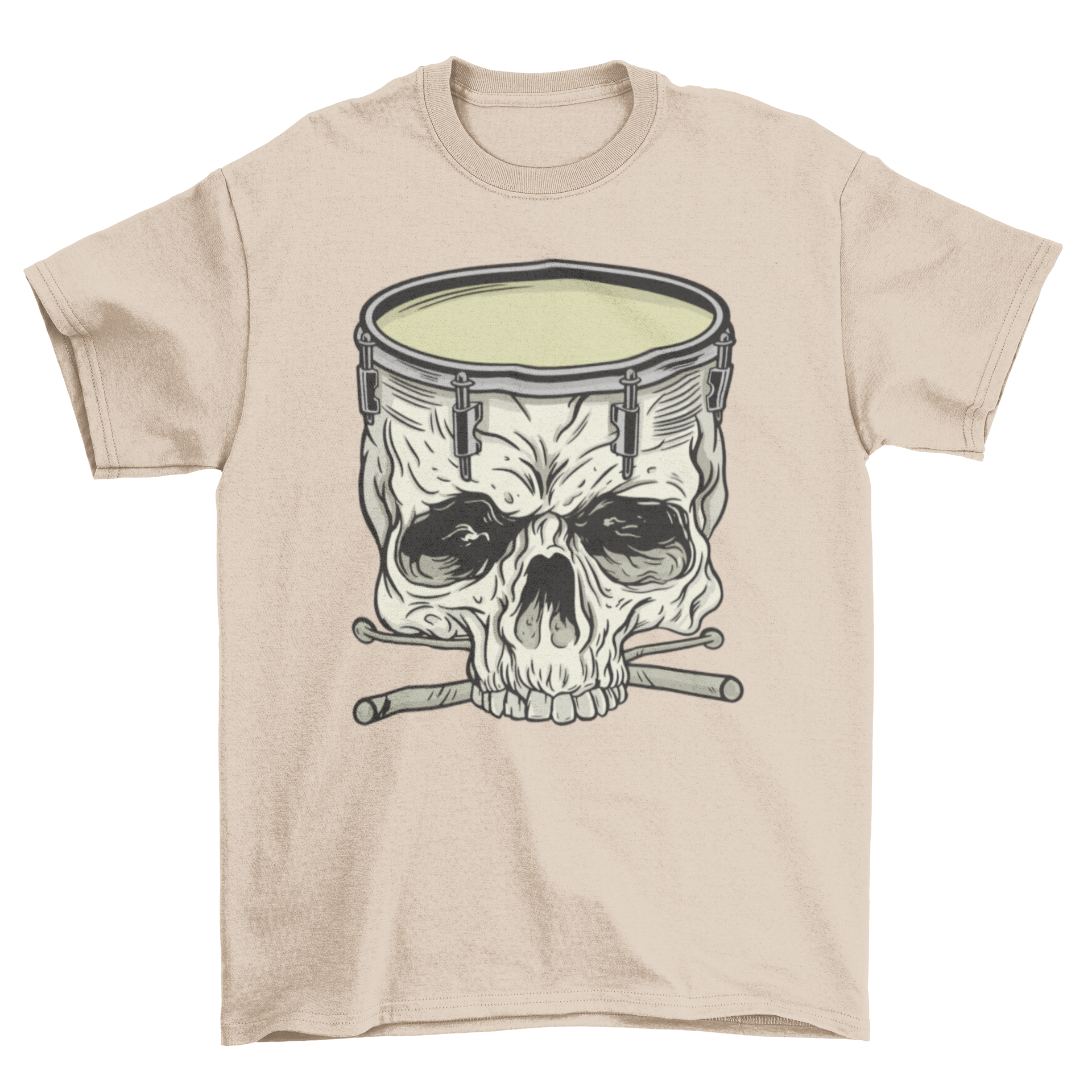 Skull Drum T-Shirt featuring a skull-shaped snare drum and drumsticks, perfect for music lovers.