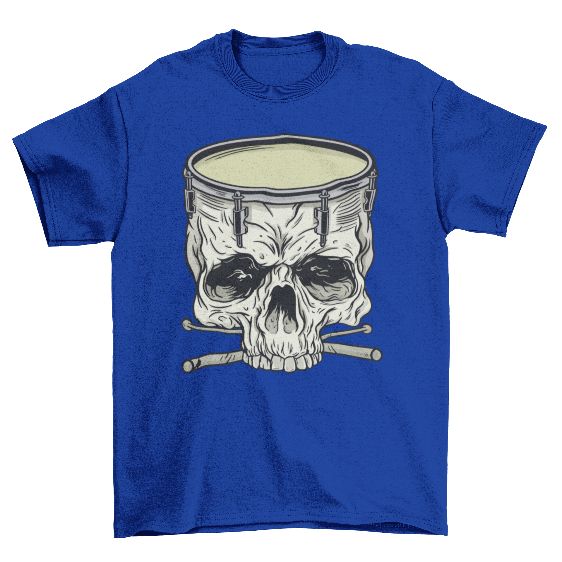 Skull Drum T-Shirt featuring a skull-shaped snare drum and drumsticks, perfect for music lovers.