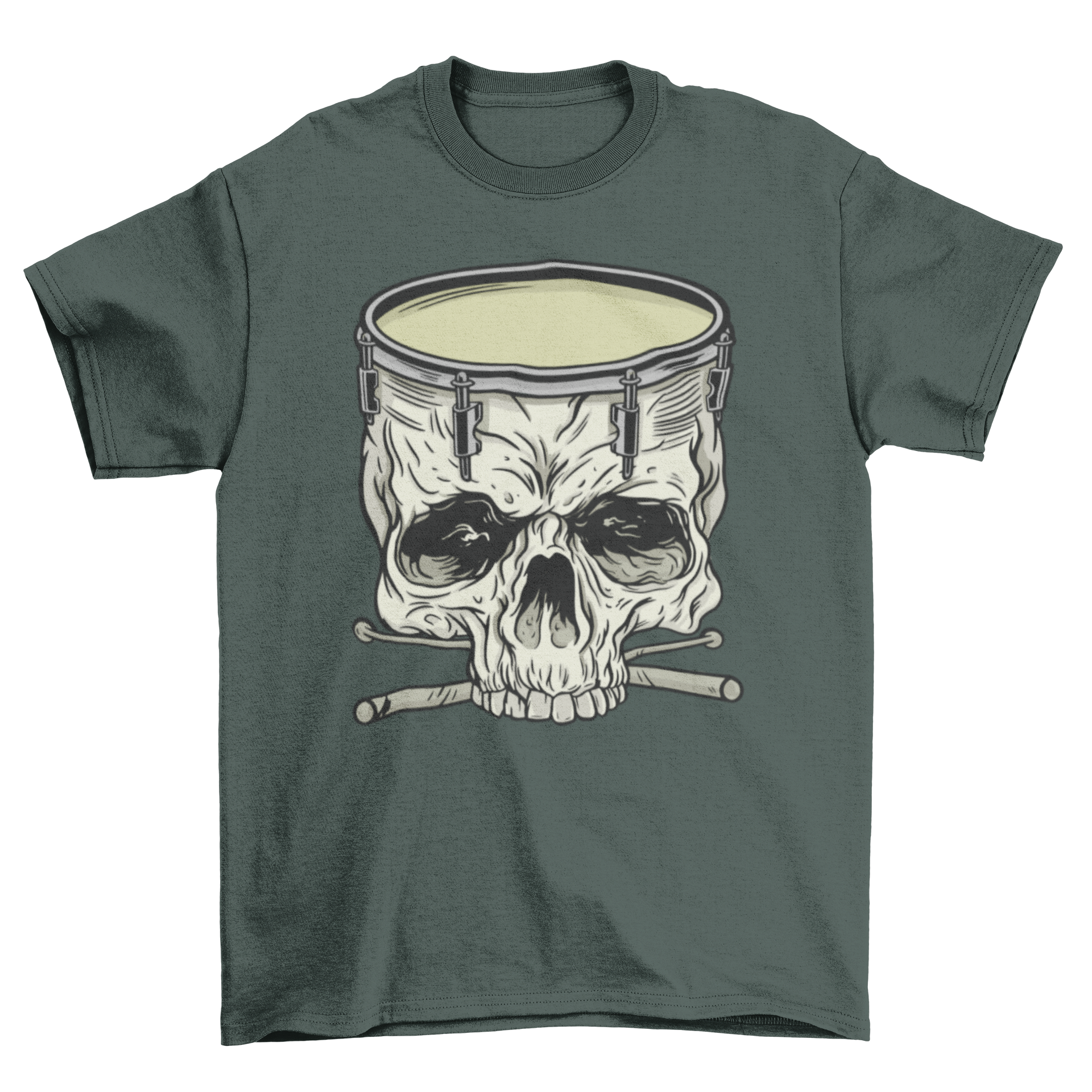 Skull Drum T-Shirt featuring a skull-shaped snare drum and drumsticks, perfect for music lovers.