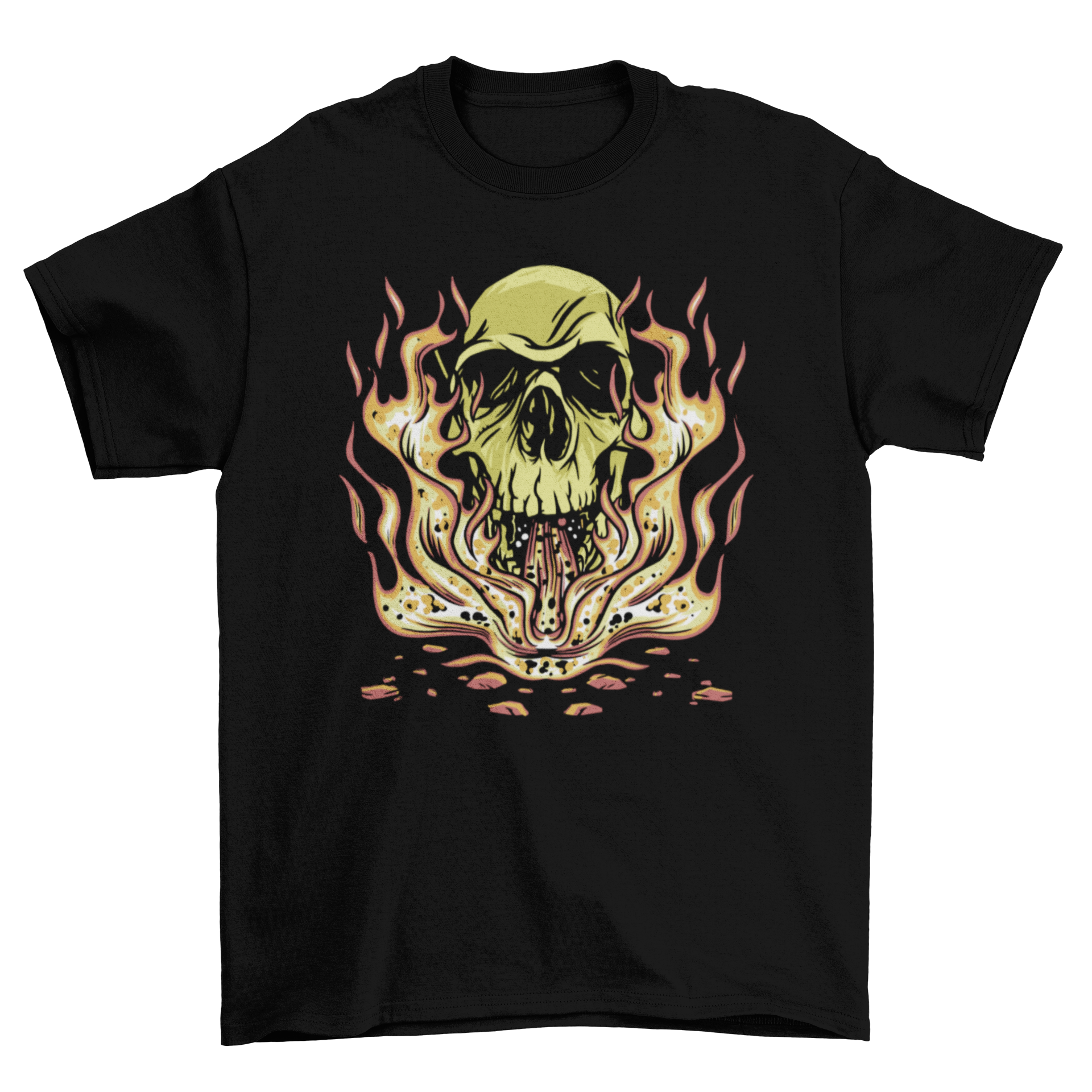 Skull Flames T-Shirt featuring a vibrant skull illustration engulfed in flames on a black background.