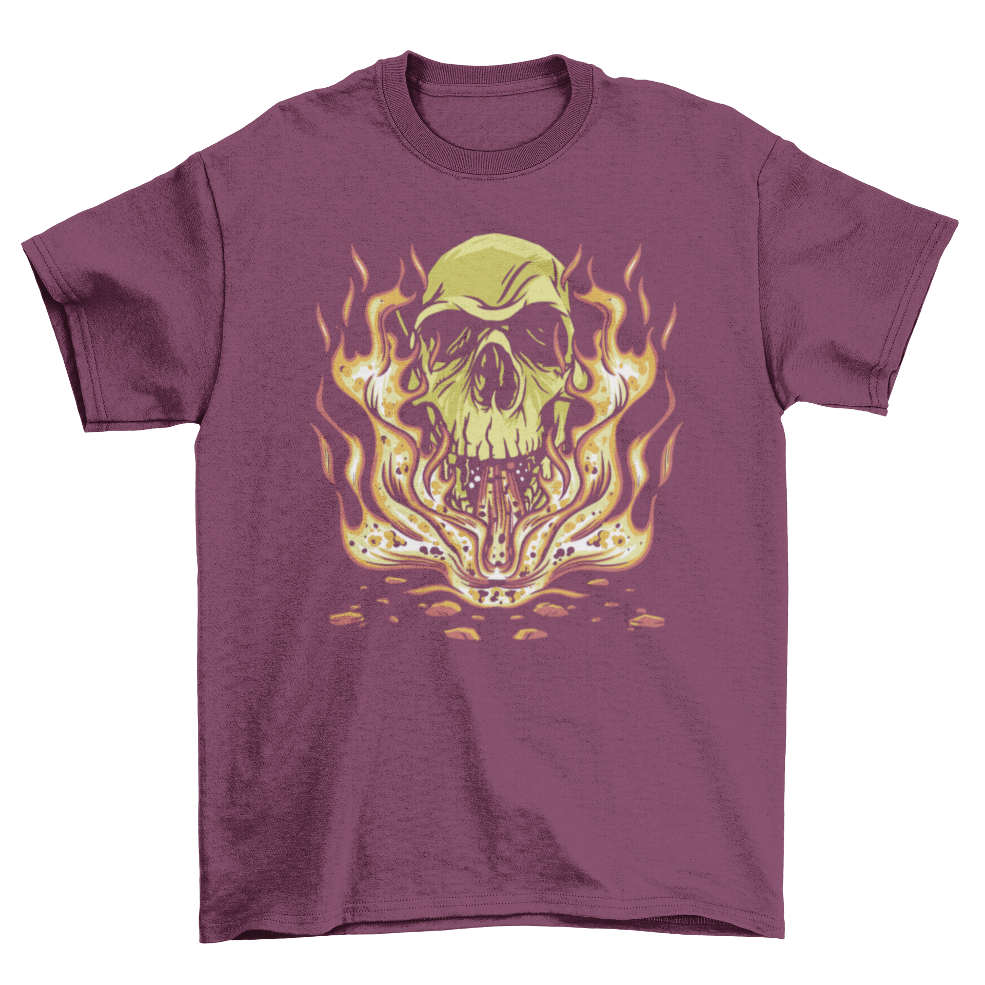 Skull Flames T-Shirt featuring a vibrant skull illustration engulfed in flames on a black background.