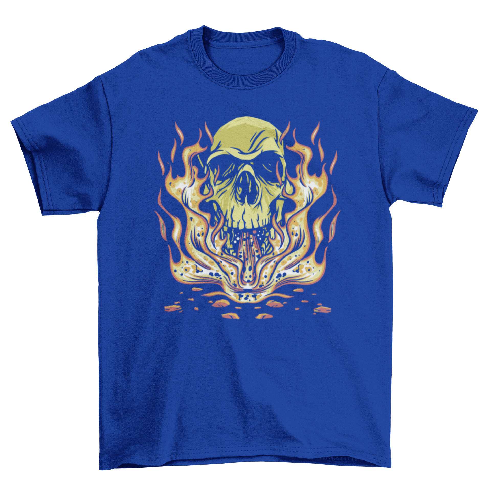 Skull Flames T-Shirt featuring a vibrant skull illustration engulfed in flames on a black background.