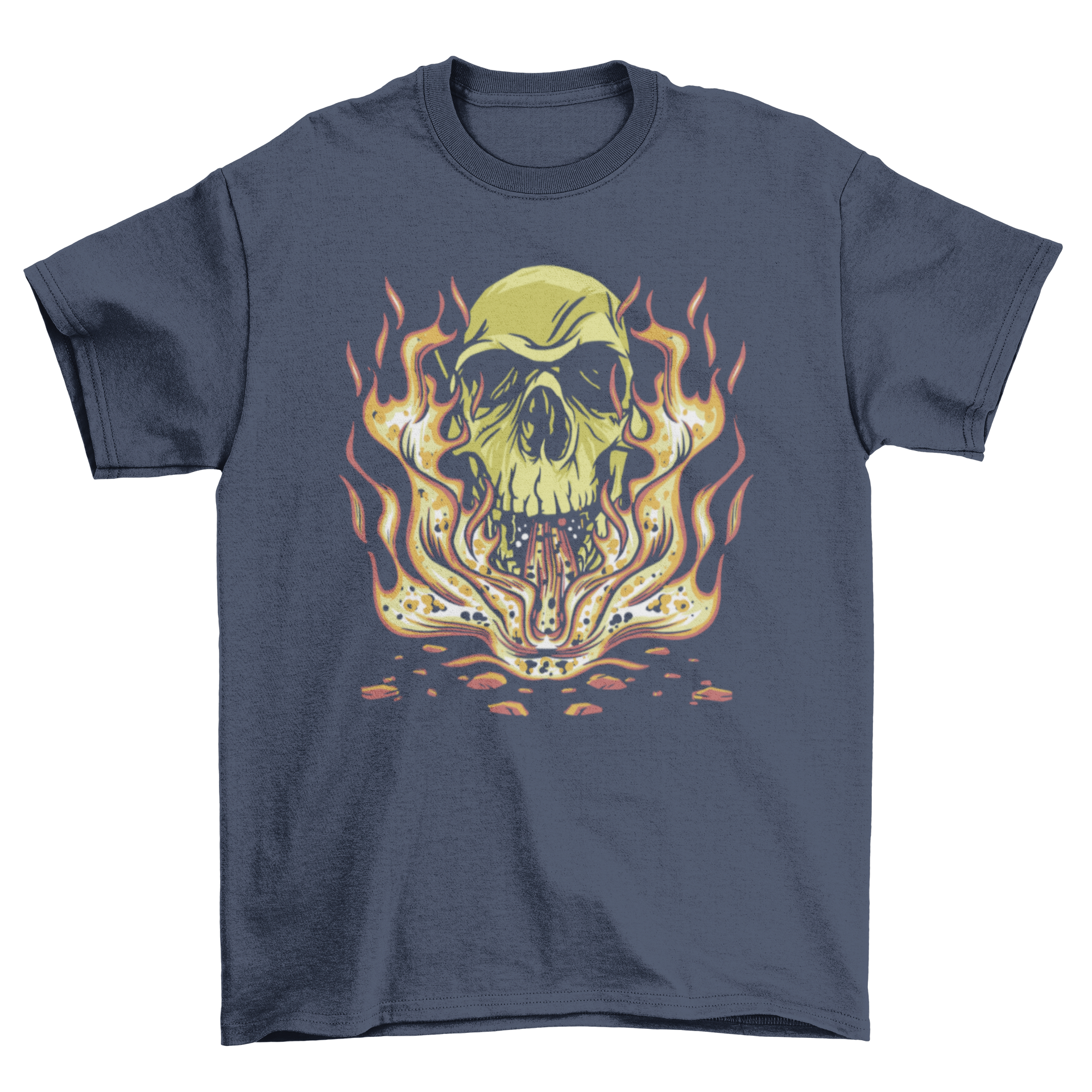 Skull Flames T-Shirt featuring a vibrant skull illustration engulfed in flames on a black background.