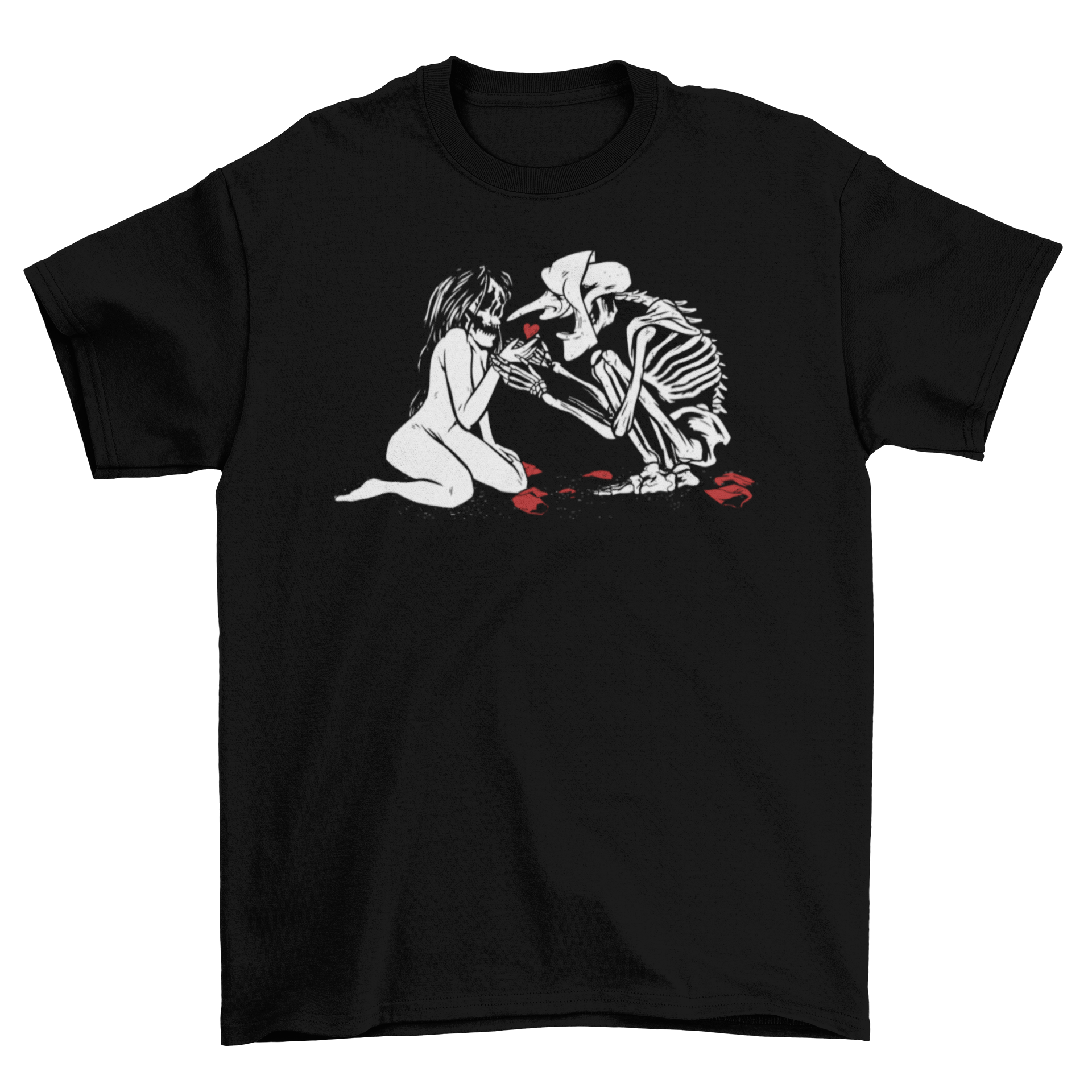 Skull Girl T-Shirt featuring a skeleton and a girl with a skull head holding a red heart.