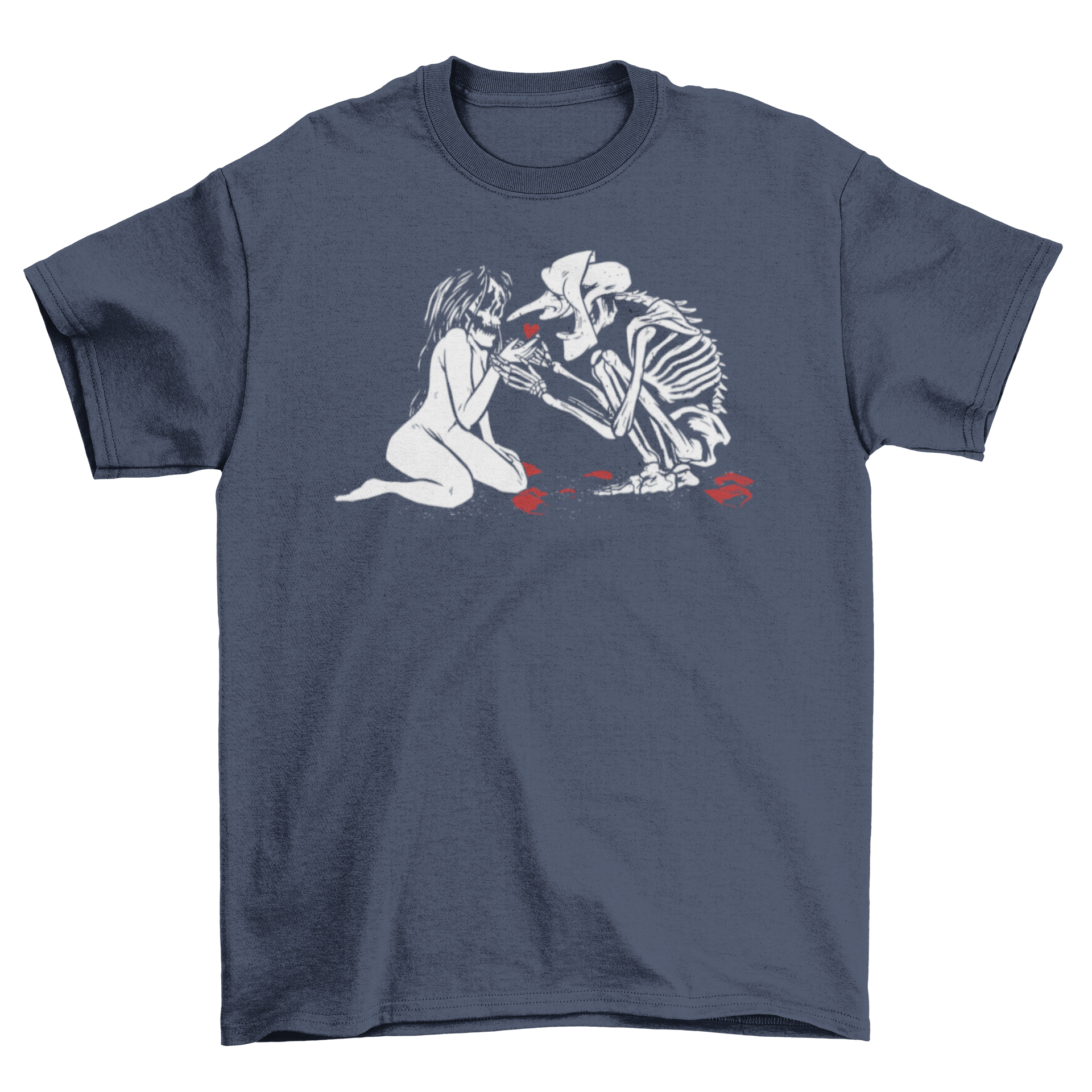 Skull Girl T-Shirt featuring a skeleton and a girl with a skull head holding a red heart.