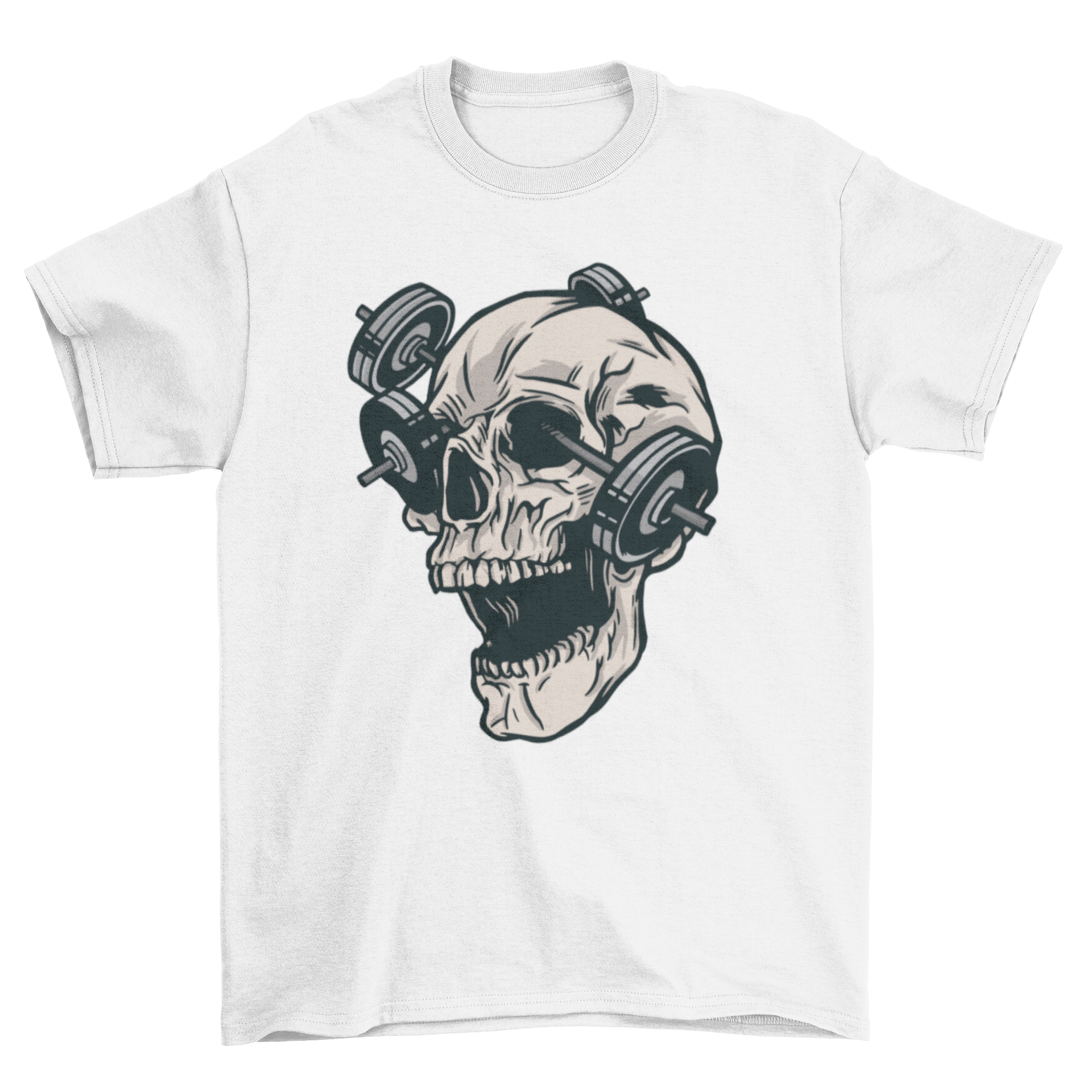 Skull gym t-shirt featuring a skull design with barbells in its eye sockets, perfect for fitness enthusiasts.