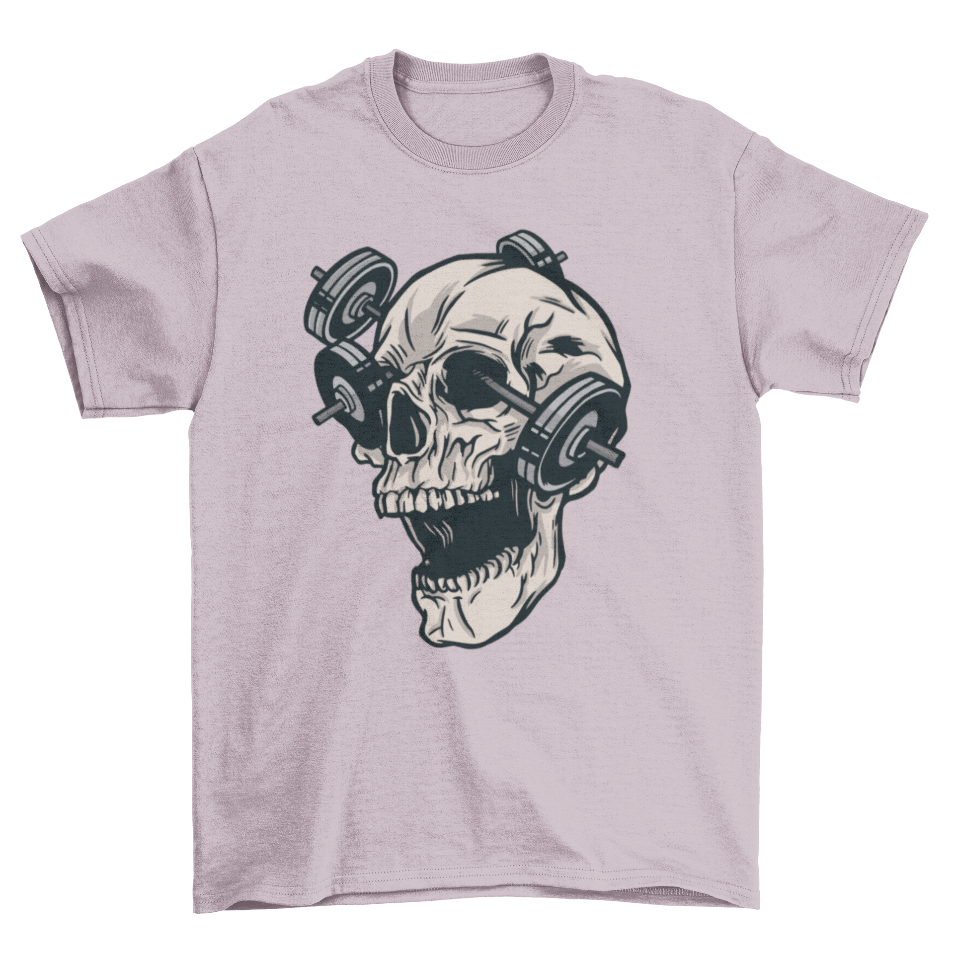 Skull gym t-shirt featuring a skull design with barbells in its eye sockets, perfect for fitness enthusiasts.