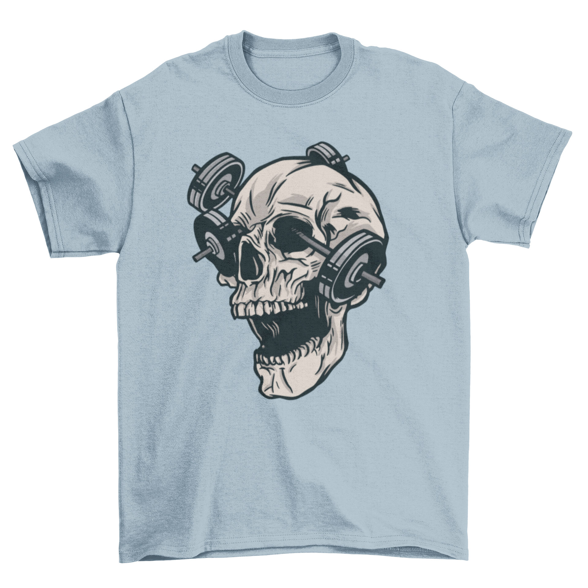 Skull gym t-shirt featuring a skull design with barbells in its eye sockets, perfect for fitness enthusiasts.