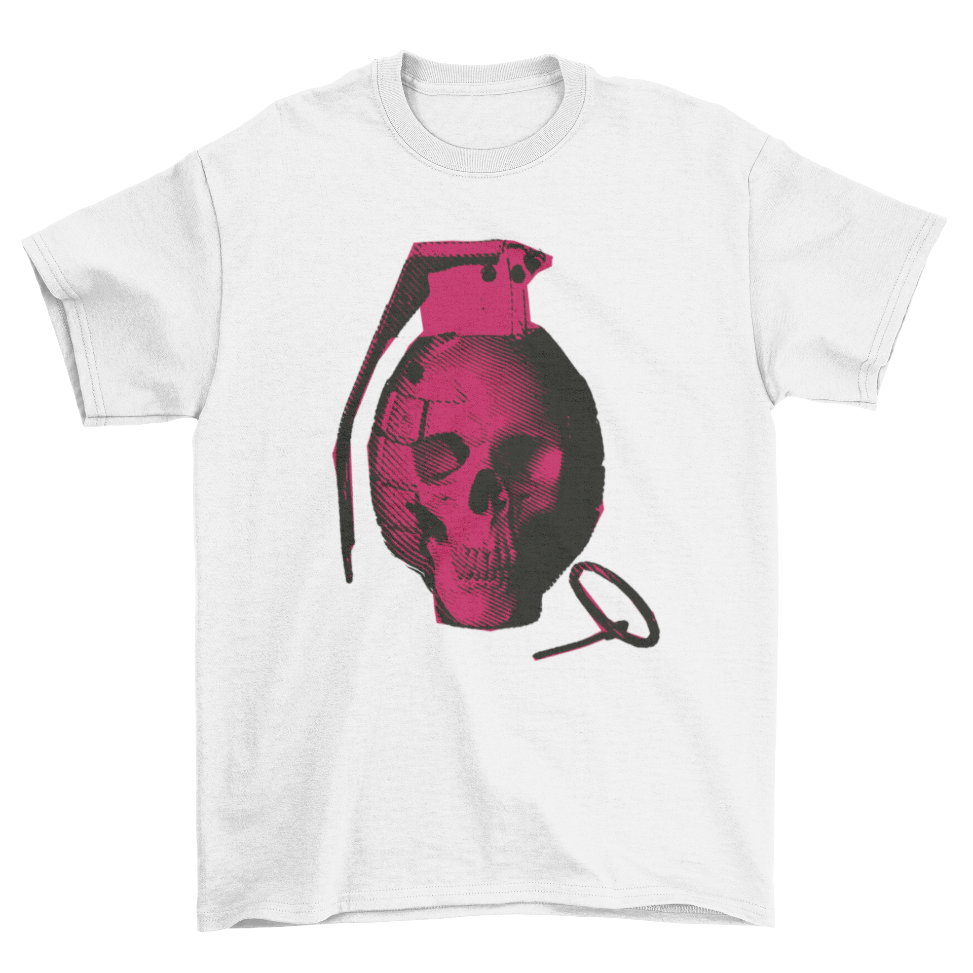 A stylish Skull Hand Grenade T-shirt featuring a purple grenade with a skull face design, perfect for casual wear.