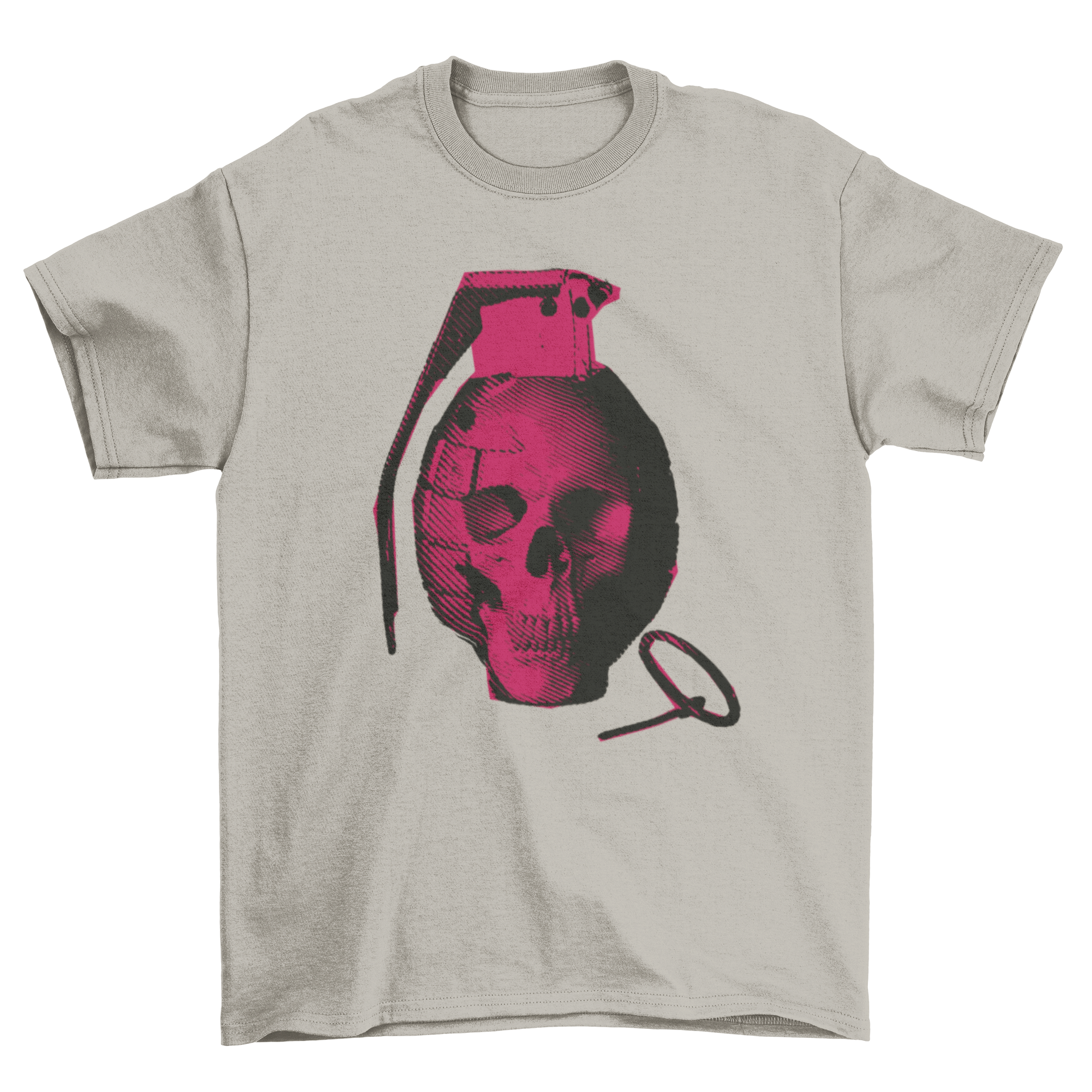 A stylish Skull Hand Grenade T-shirt featuring a purple grenade with a skull face design, perfect for casual wear.