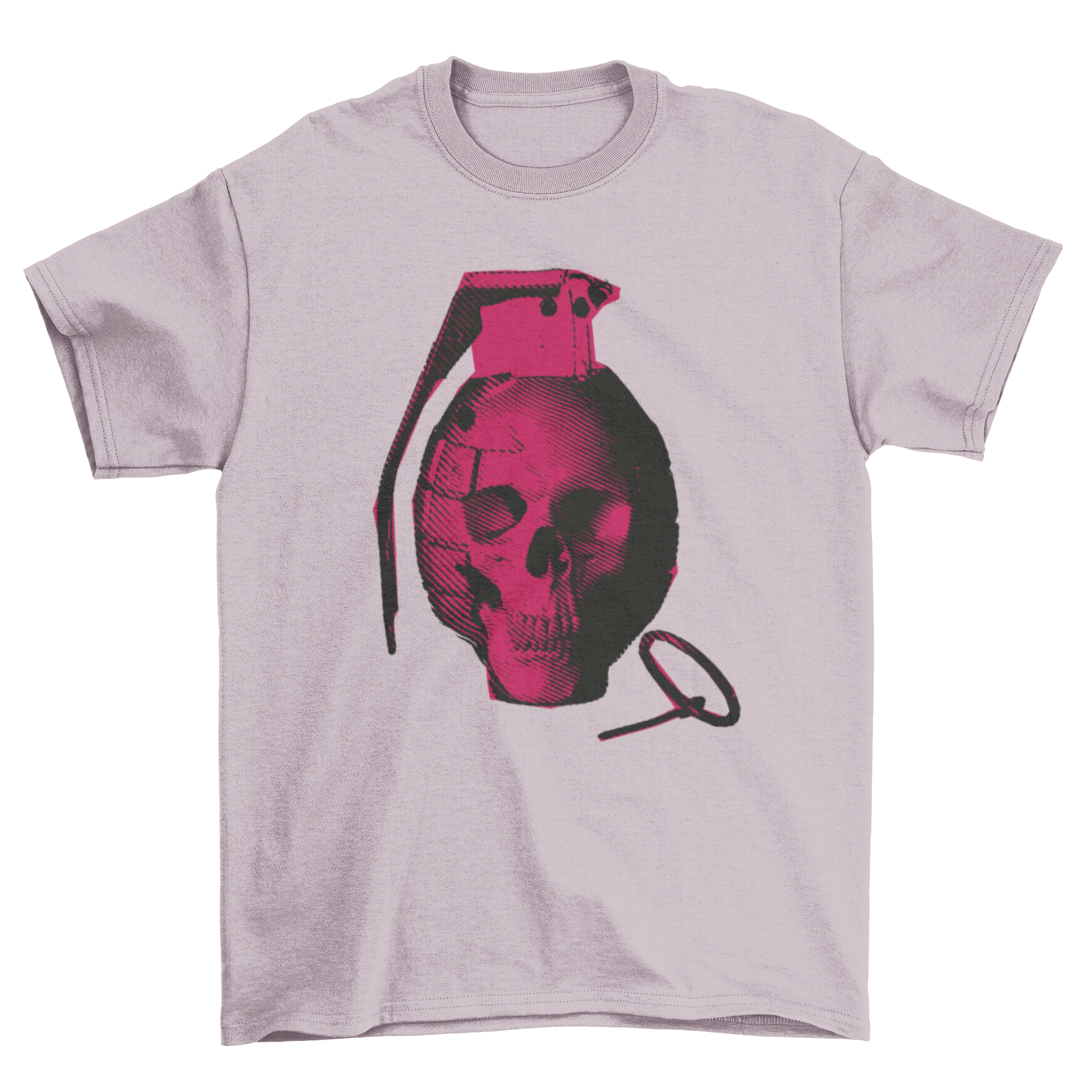 A stylish Skull Hand Grenade T-shirt featuring a purple grenade with a skull face design, perfect for casual wear.