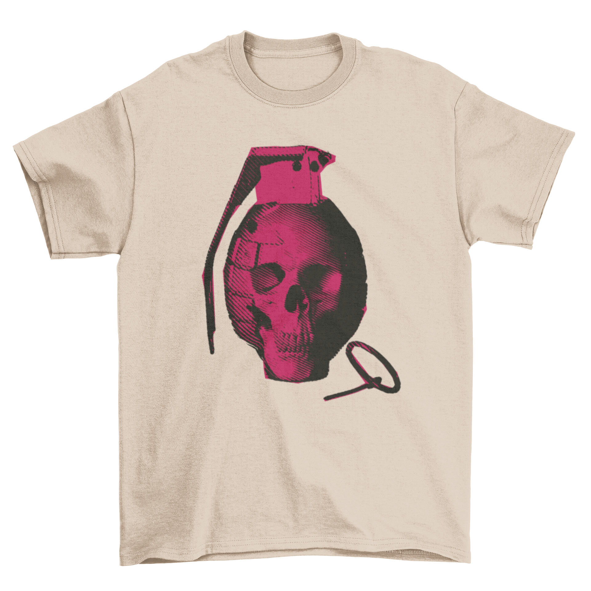 A stylish Skull Hand Grenade T-shirt featuring a purple grenade with a skull face design, perfect for casual wear.