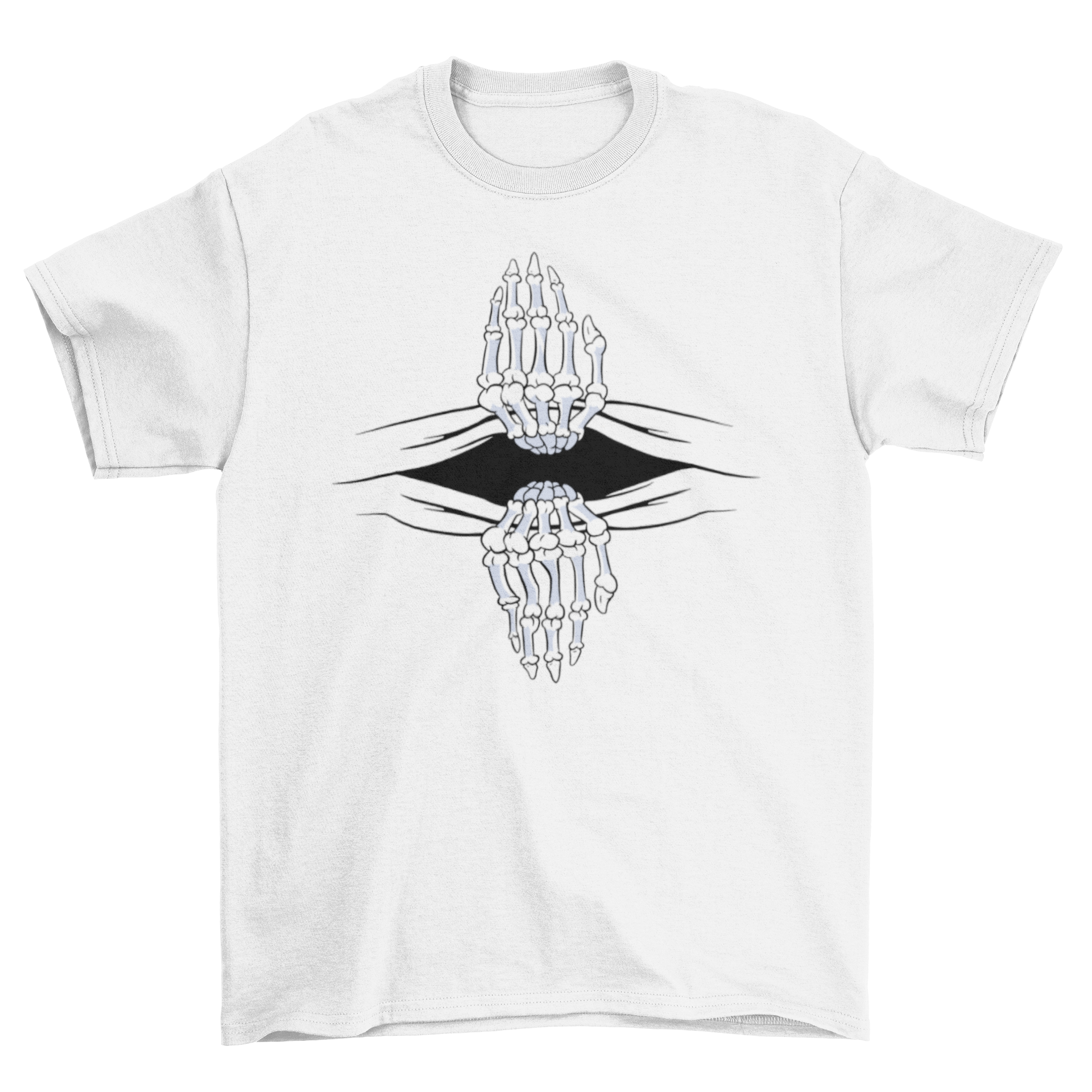 A black t-shirt featuring a graphic of two skull hands tearing the fabric in half, showcasing a bold and edgy design.