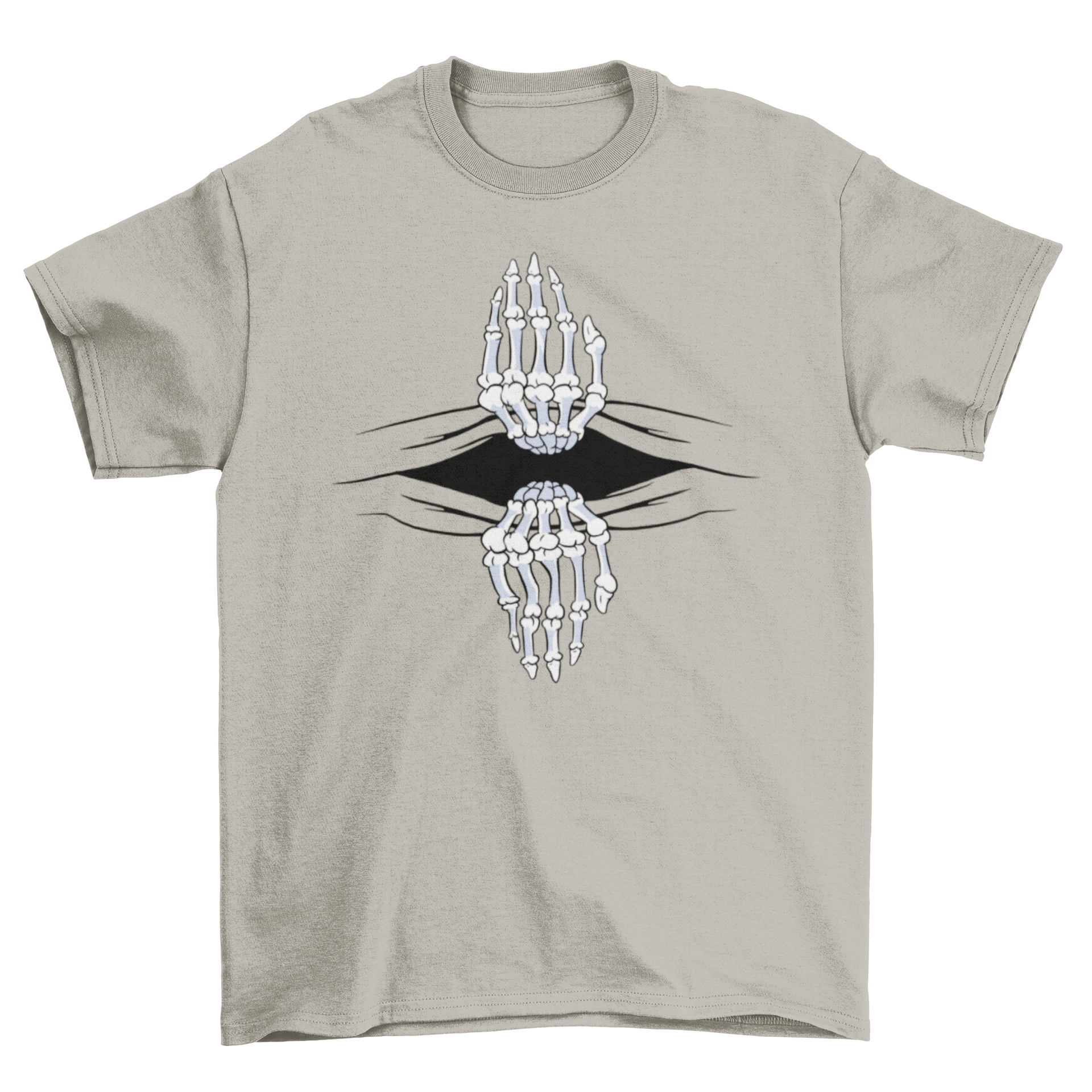 A black t-shirt featuring a graphic of two skull hands tearing the fabric in half, showcasing a bold and edgy design.