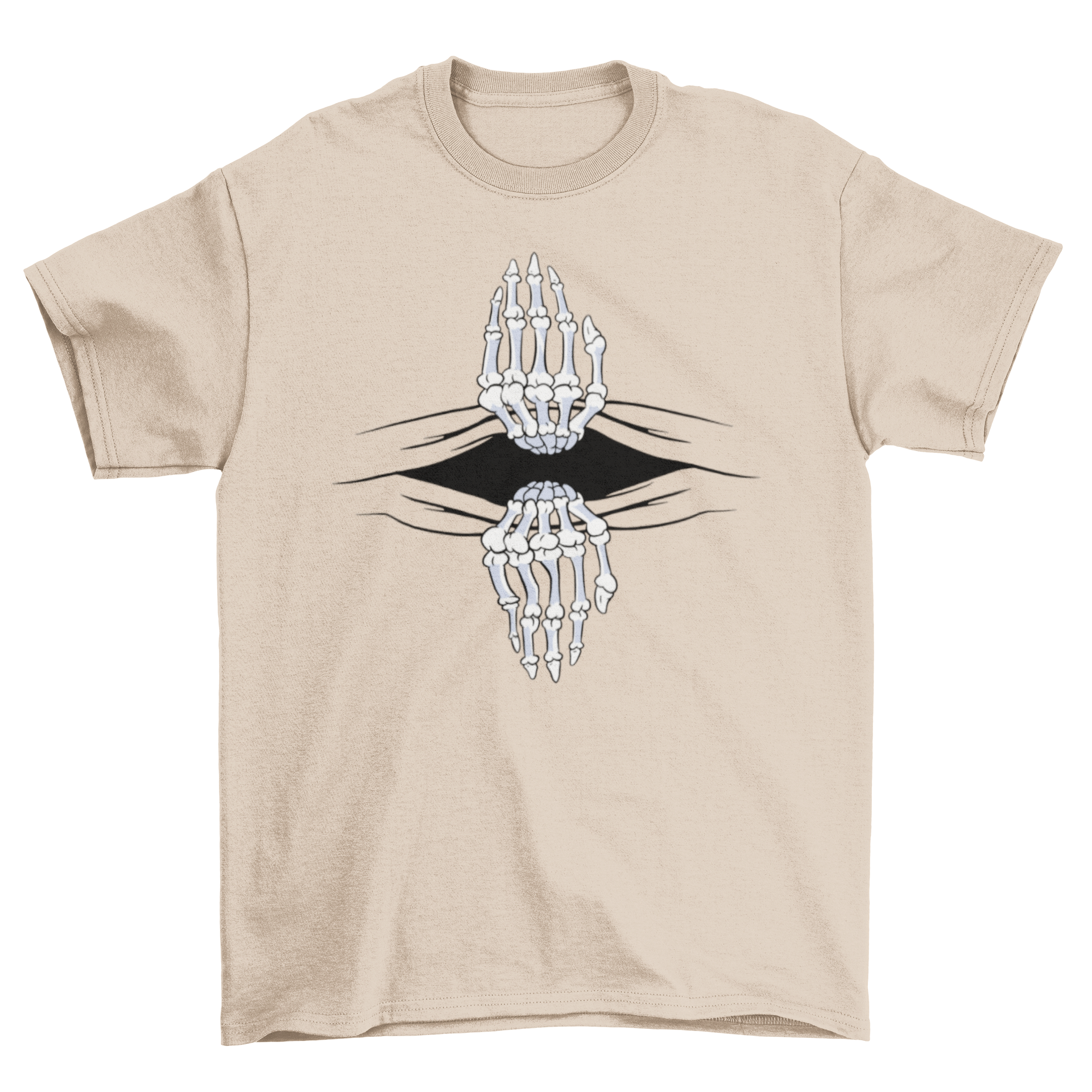 A black t-shirt featuring a graphic of two skull hands tearing the fabric in half, showcasing a bold and edgy design.