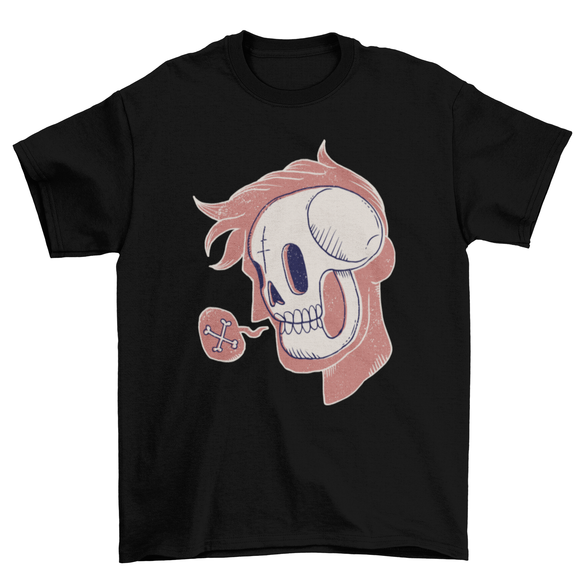 A stylish Skull Head T-Shirt featuring a cartoon skull design over a pink silhouette with a speech bubble and crossed bones.