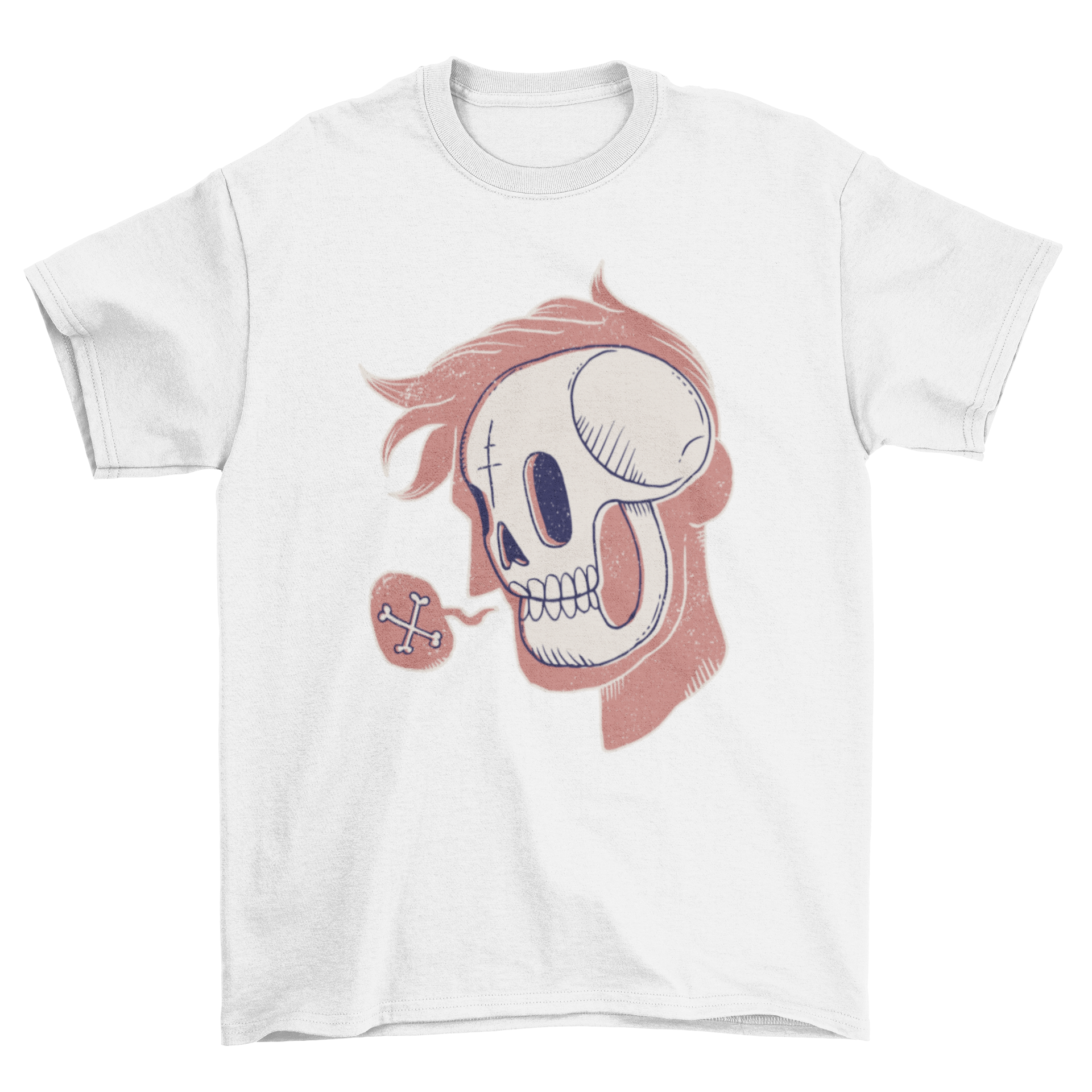 A stylish Skull Head T-Shirt featuring a cartoon skull design over a pink silhouette with a speech bubble and crossed bones.