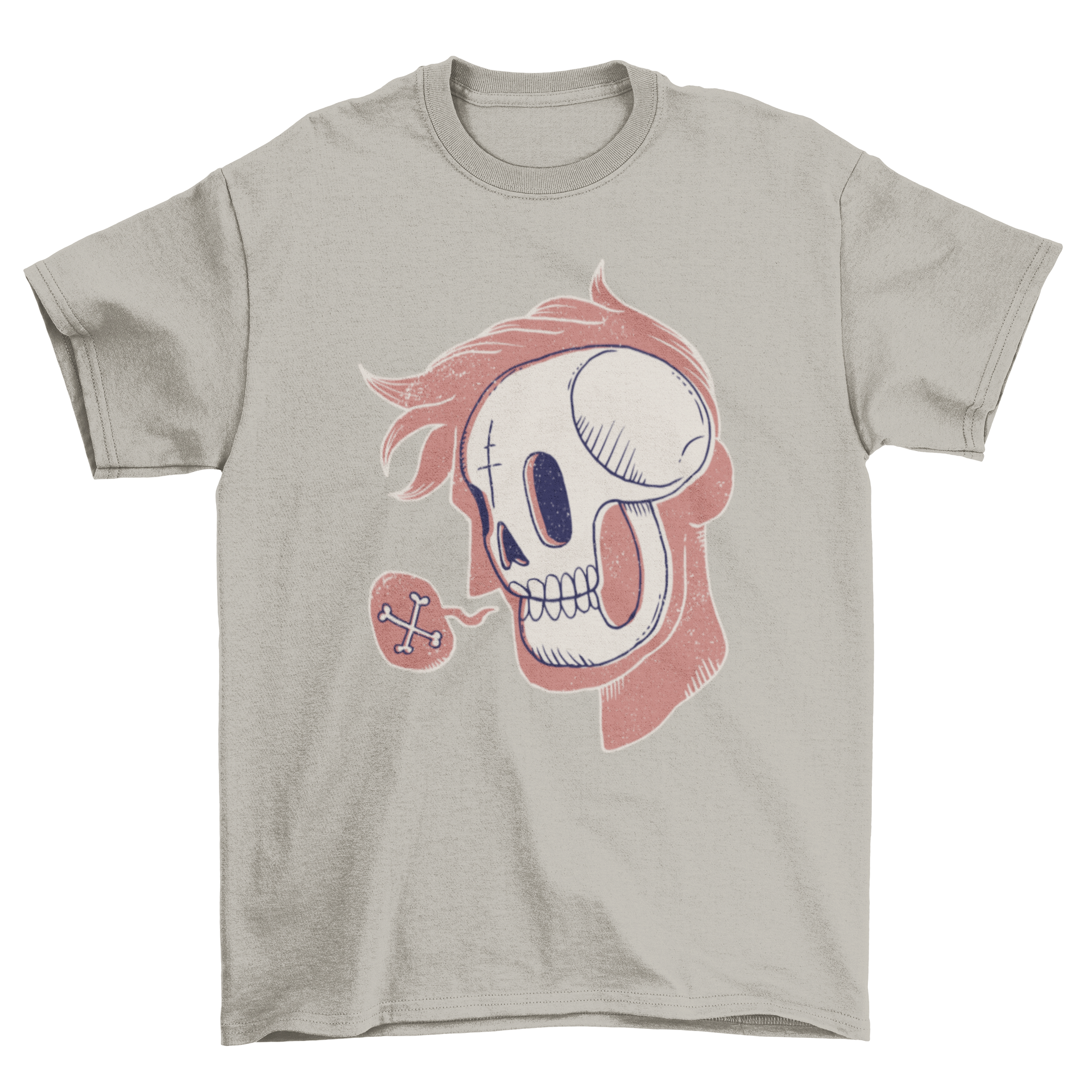 A stylish Skull Head T-Shirt featuring a cartoon skull design over a pink silhouette with a speech bubble and crossed bones.