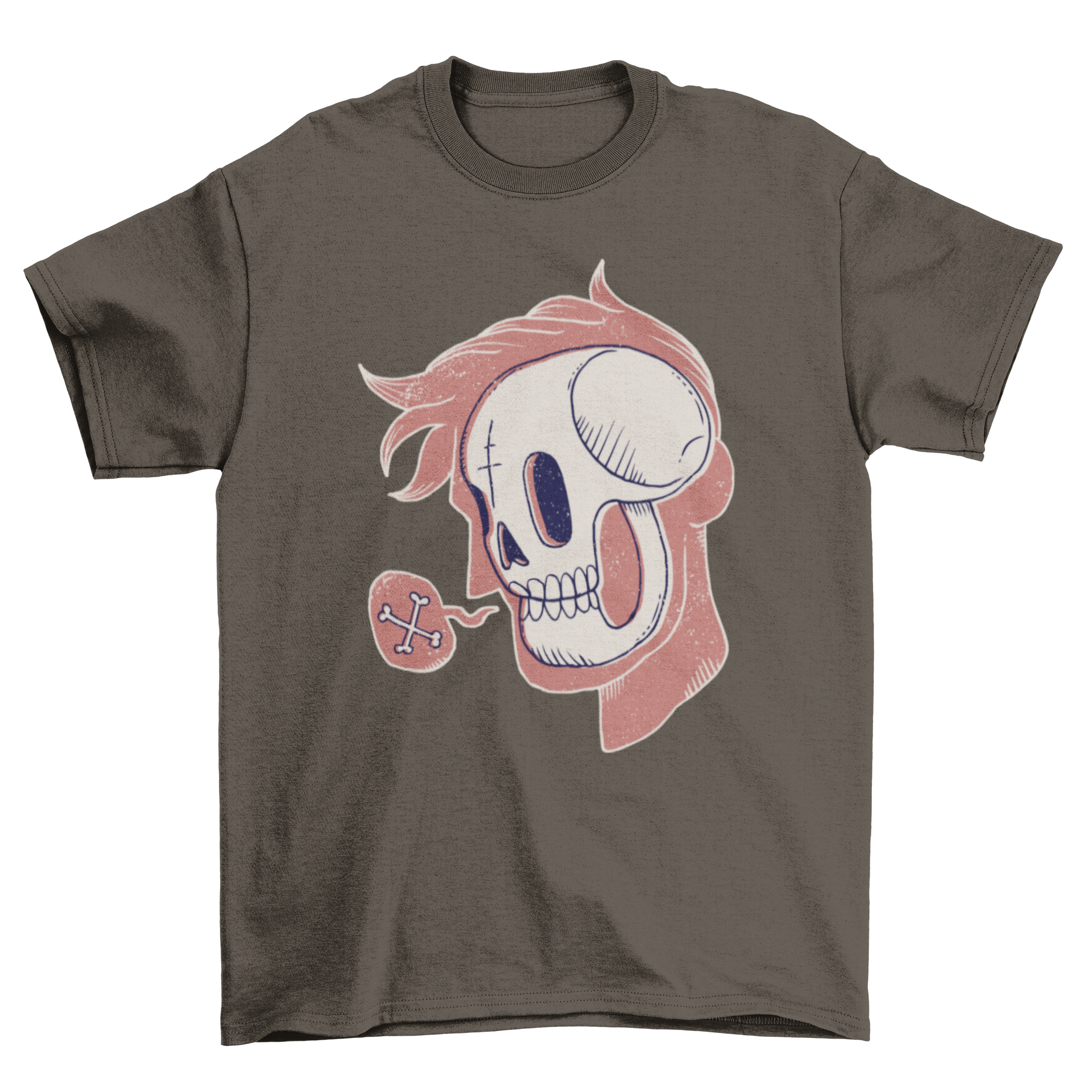 A stylish Skull Head T-Shirt featuring a cartoon skull design over a pink silhouette with a speech bubble and crossed bones.