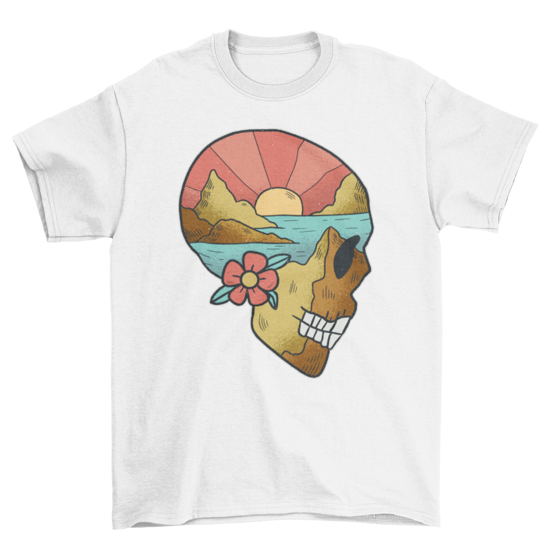 A stylish t-shirt featuring a skull illustration with a vibrant beach landscape inside, showcasing artistic design.