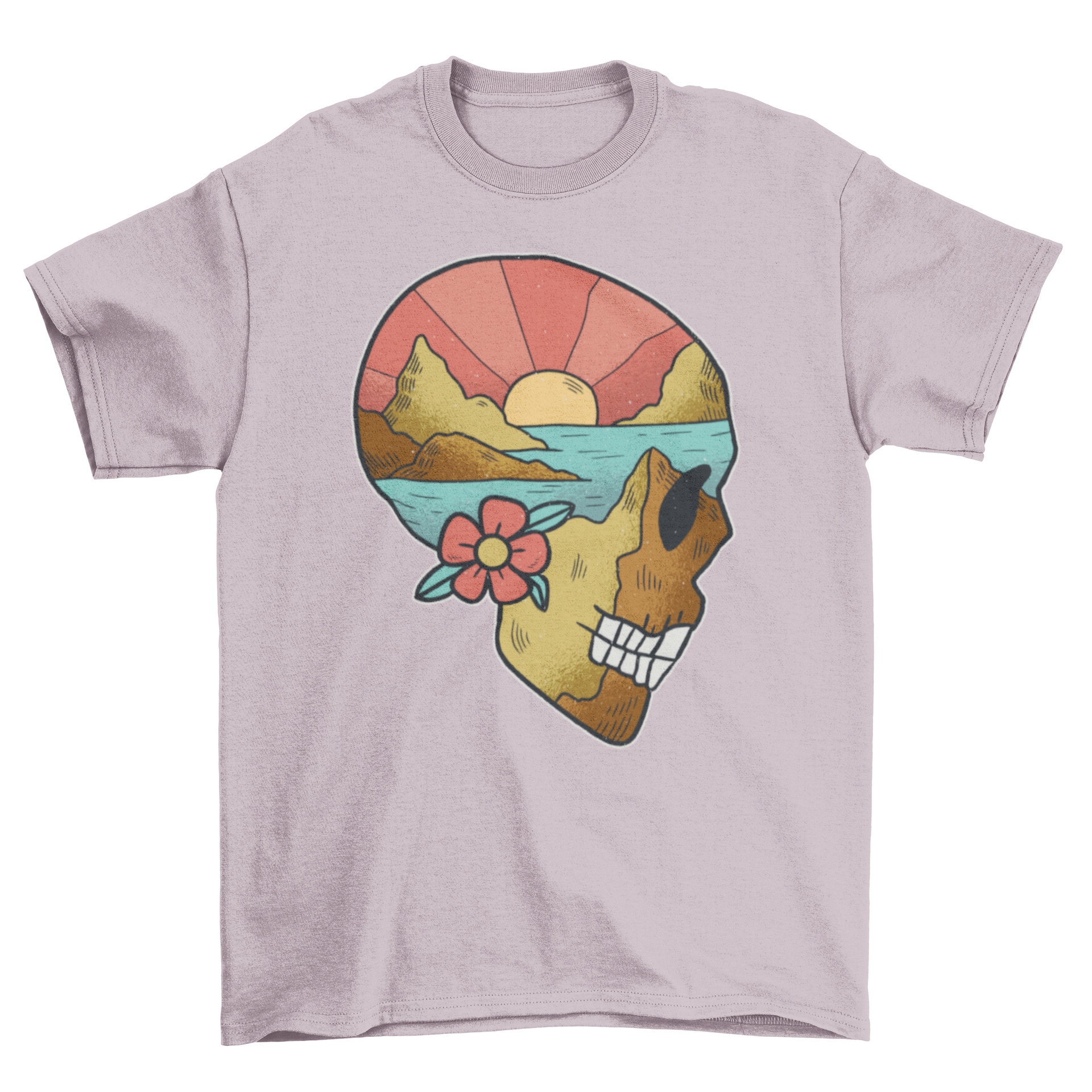 A stylish t-shirt featuring a skull illustration with a vibrant beach landscape inside, showcasing artistic design.