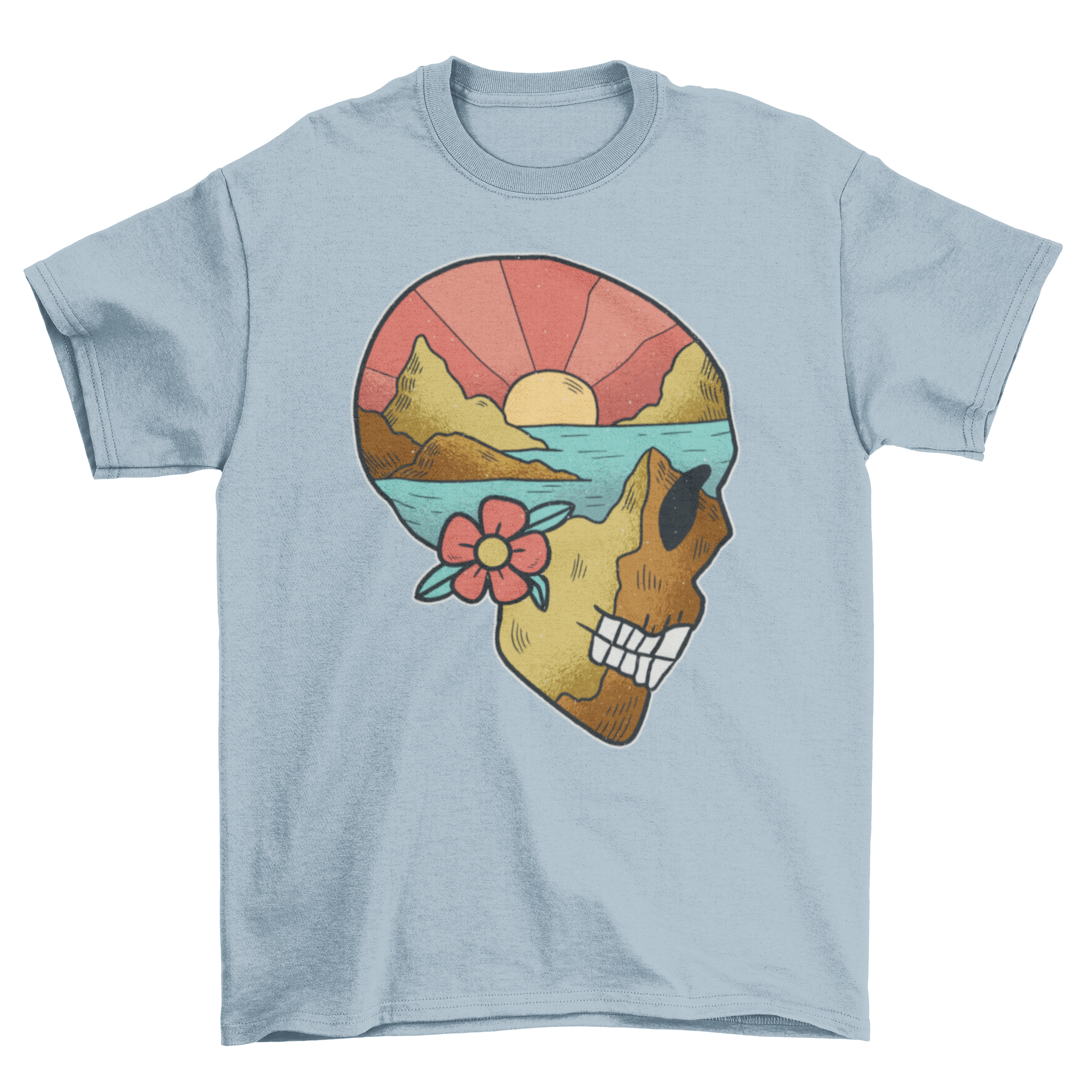 A stylish t-shirt featuring a skull illustration with a vibrant beach landscape inside, showcasing artistic design.