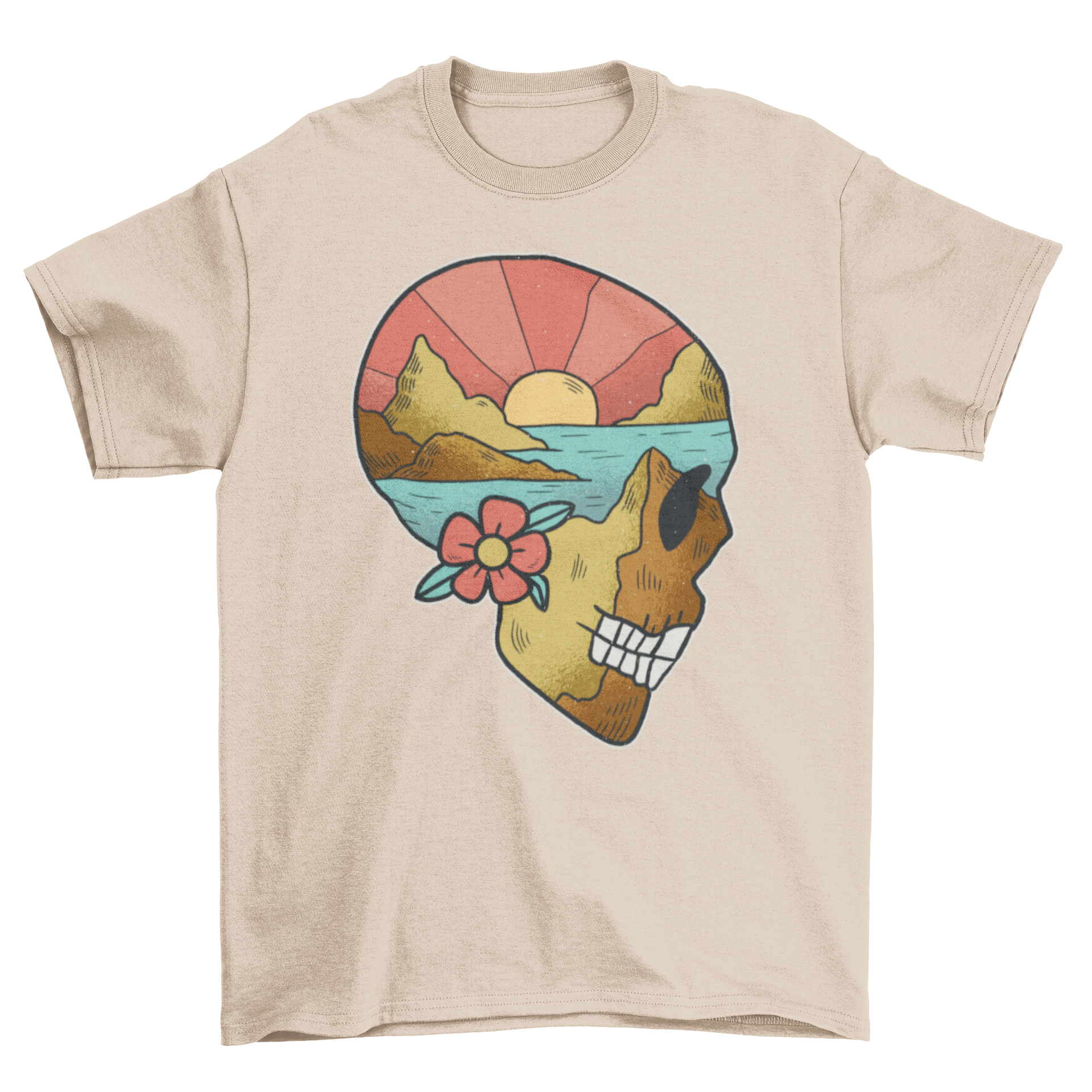 A stylish t-shirt featuring a skull illustration with a vibrant beach landscape inside, showcasing artistic design.