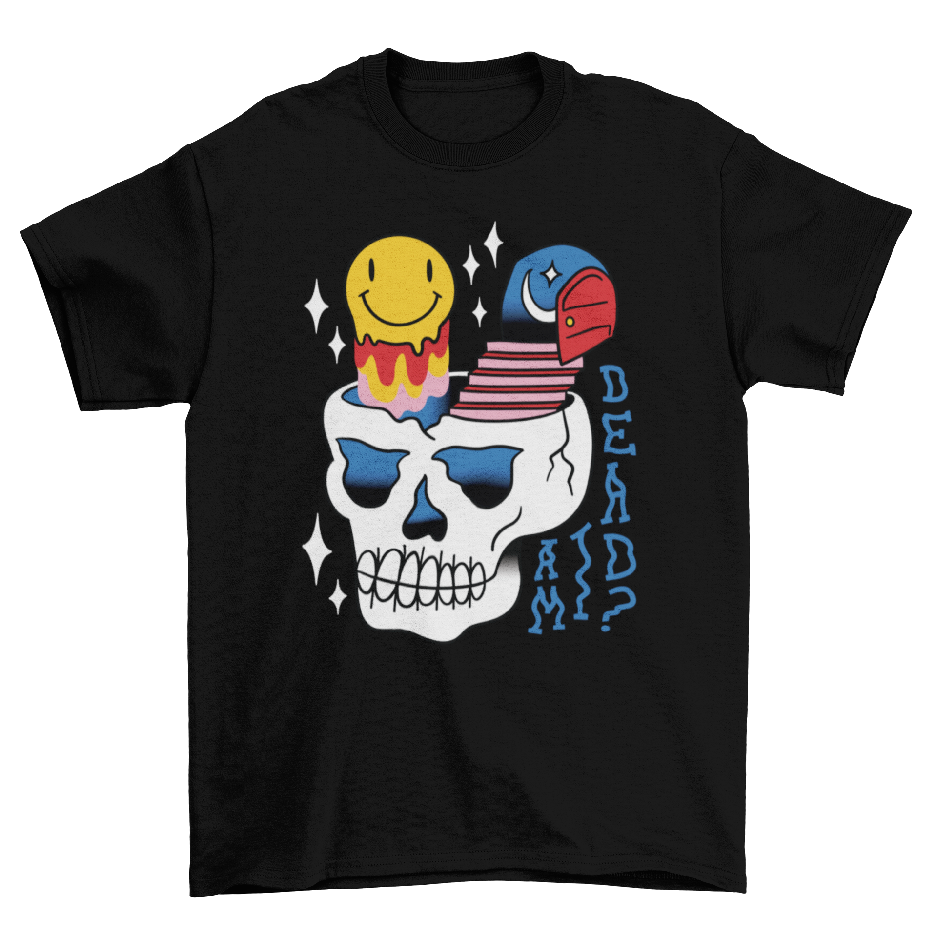 A vibrant t-shirt featuring a psychedelic skull design with a cracked head, stairs, and a smiley face emerging from it.