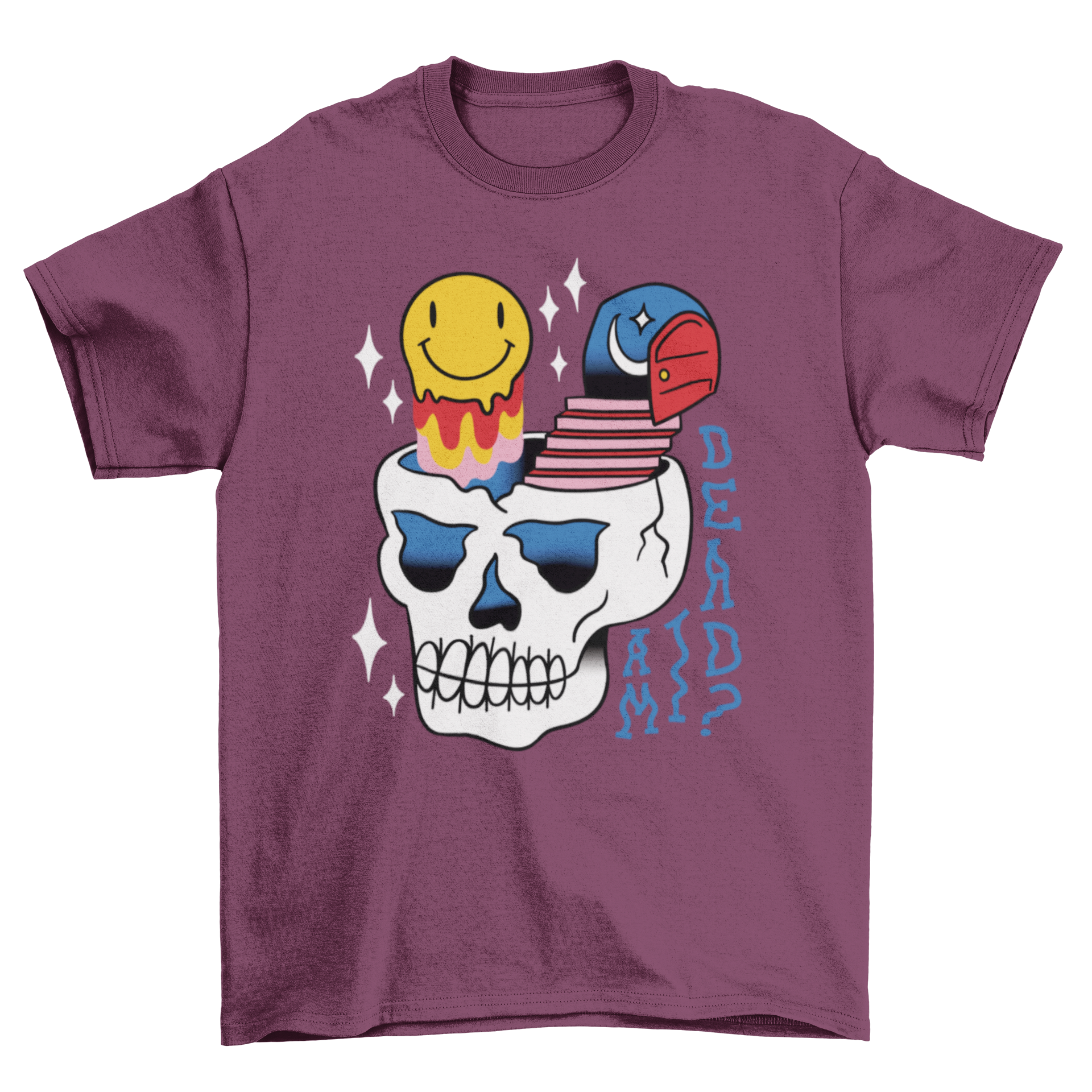 A vibrant t-shirt featuring a psychedelic skull design with a cracked head, stairs, and a smiley face emerging from it.